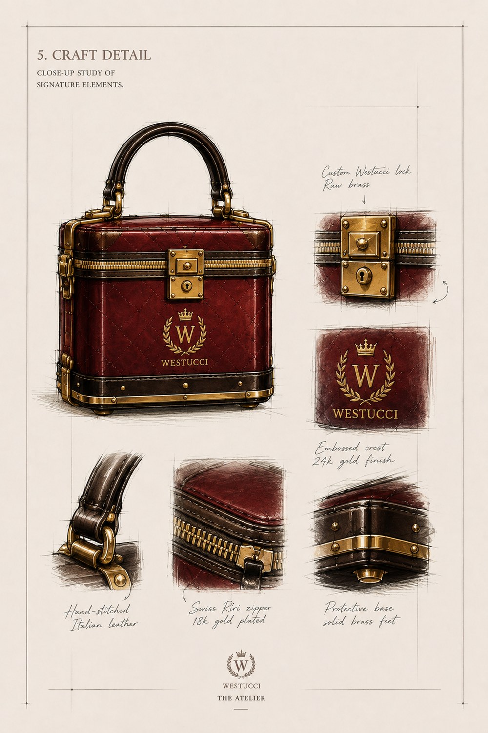 Craft Detail: close studies of the burgundy trunk bag - the custom Westucci lock in raw brass, the embossed crest in 24 karat gold finish, hand-stitched Italian leather, a Swiss Riri zipper plated in 18 karat gold, and a protective base on solid brass feet