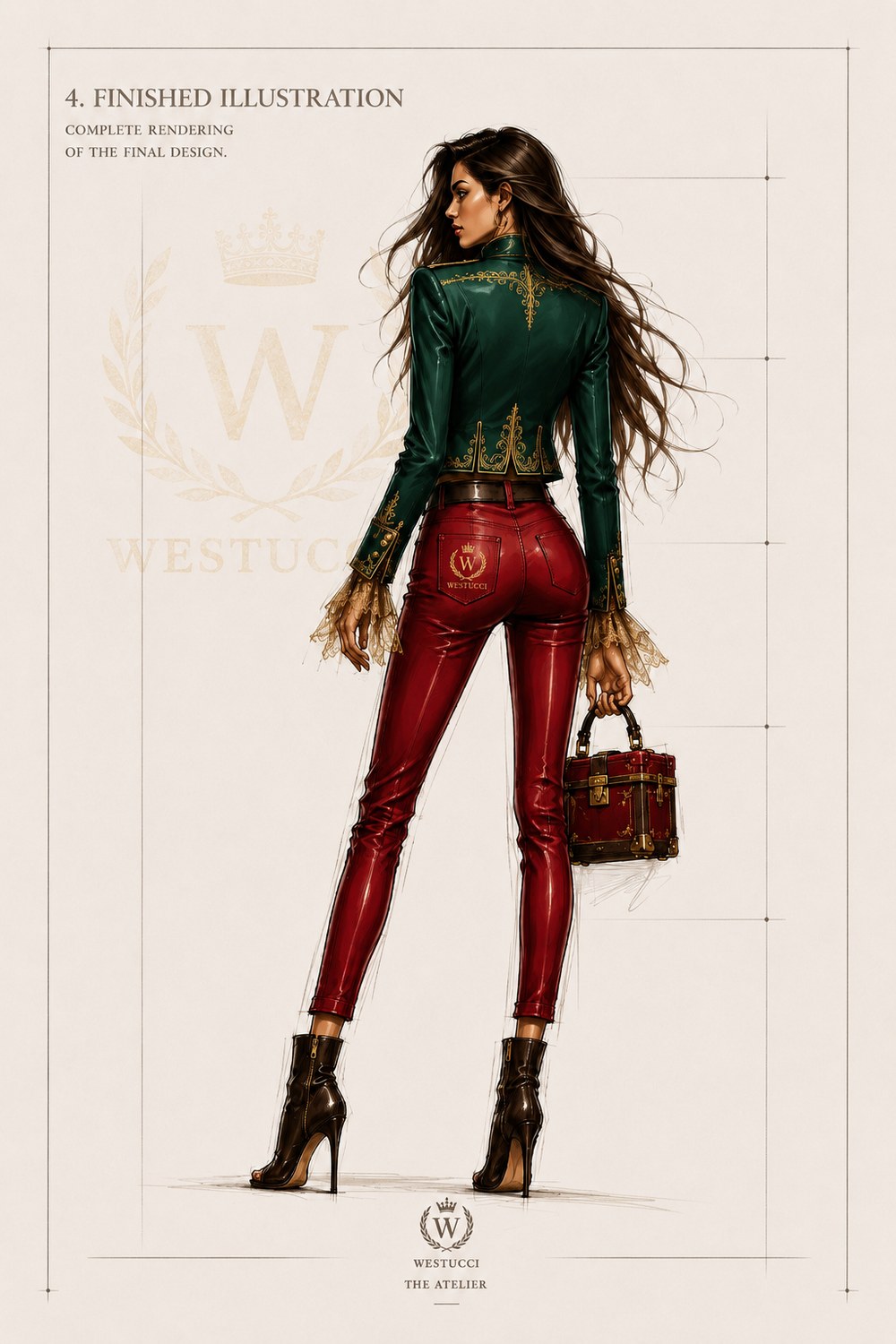 Finished Illustration, back: the same rendering from behind, gold embroidery down the spine of the jacket and a small gold crest on the burgundy trousers, the trunk bag carried at the side