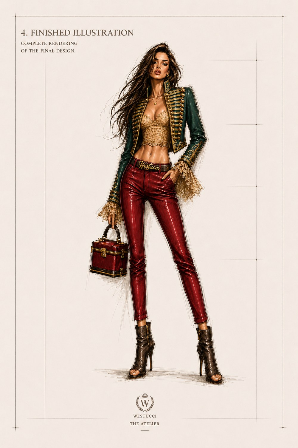 Finished Illustration, front: the complete rendering of Look One in colour, a deep green jacket worn open over a gold lace bralette, gold frogging and buttons throughout, burgundy trousers, a gold Westucci belt, bronze ankle boots, and the burgundy trunk bag with gold hardware