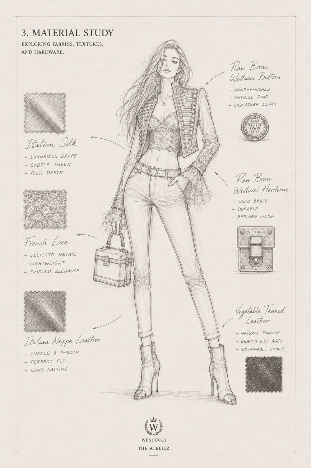 Material Study: the figure annotated with the fabrics and hardware chosen for Look One - Italian silk with a luxurious drape and subtle sheen, French lace for delicate, lightweight detail, Italian nappa leather that is supple and long lasting, vegetable-tanned leather chosen to age beautifully, and raw brass Westucci buttons and hardware, hand-finished in an antique tone