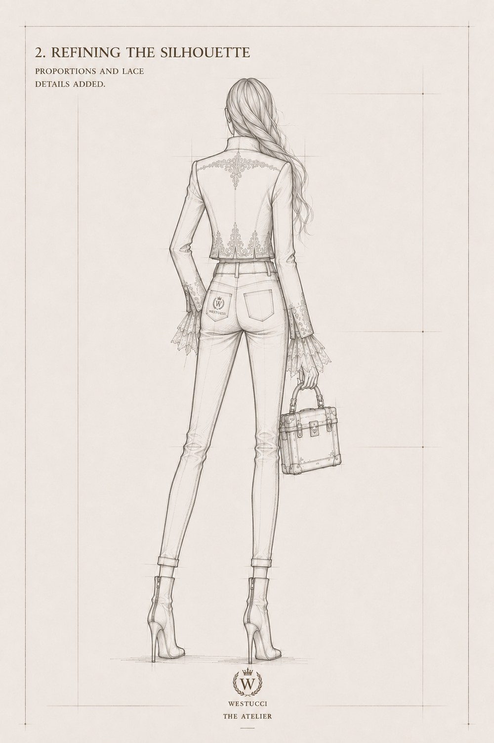 Refining the Silhouette, back: a gold embroidery motif added down the spine of the jacket, a small crest worked onto the back pocket, the same lace cuff and trunk bag