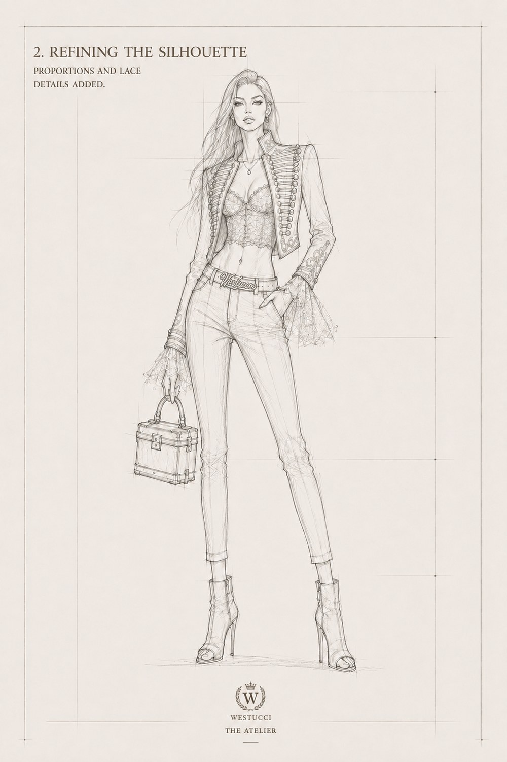 Refining the Silhouette, front: the hussar frogging added, domed buttons and looped braid down the jacket, a lace corset visible beneath it, the Westucci belt named at the waist, lace cuffs, and the trunk bag held at the side