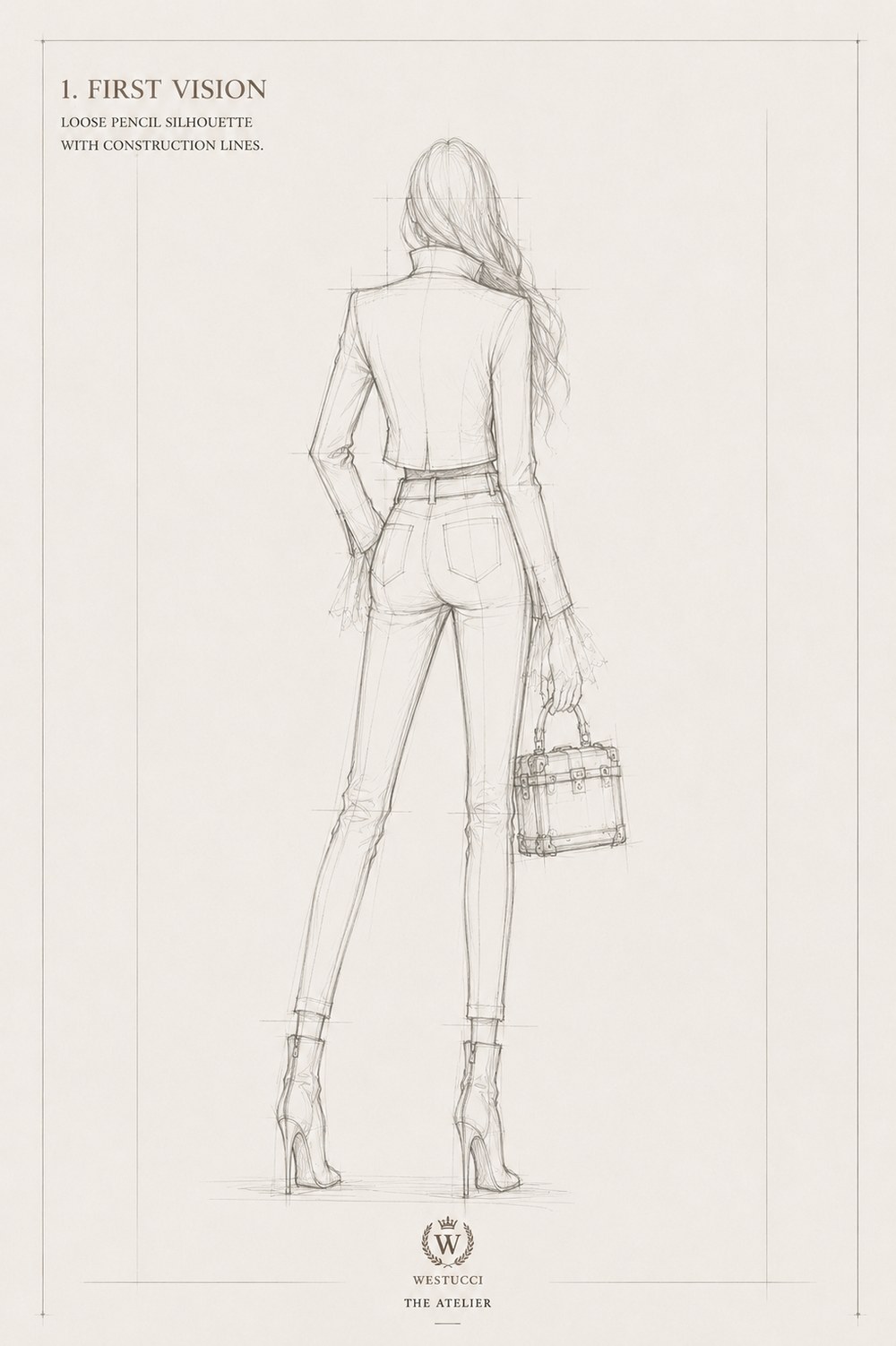 First Vision, back: the same pencil silhouette from behind, the fitted jacket and trousers still plain, the same lace cuff and trunk bag held at the side