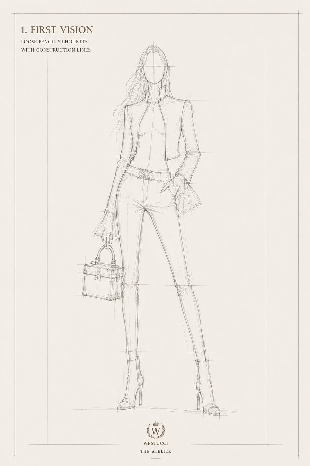 First Vision, front: a loose pencil silhouette of Look One with construction lines, a fitted hussar-shaped jacket roughed in with no braid yet, a ruffled lace cuff at one wrist, fitted trousers, a belt at the waist and a trunk-style bag held at the side