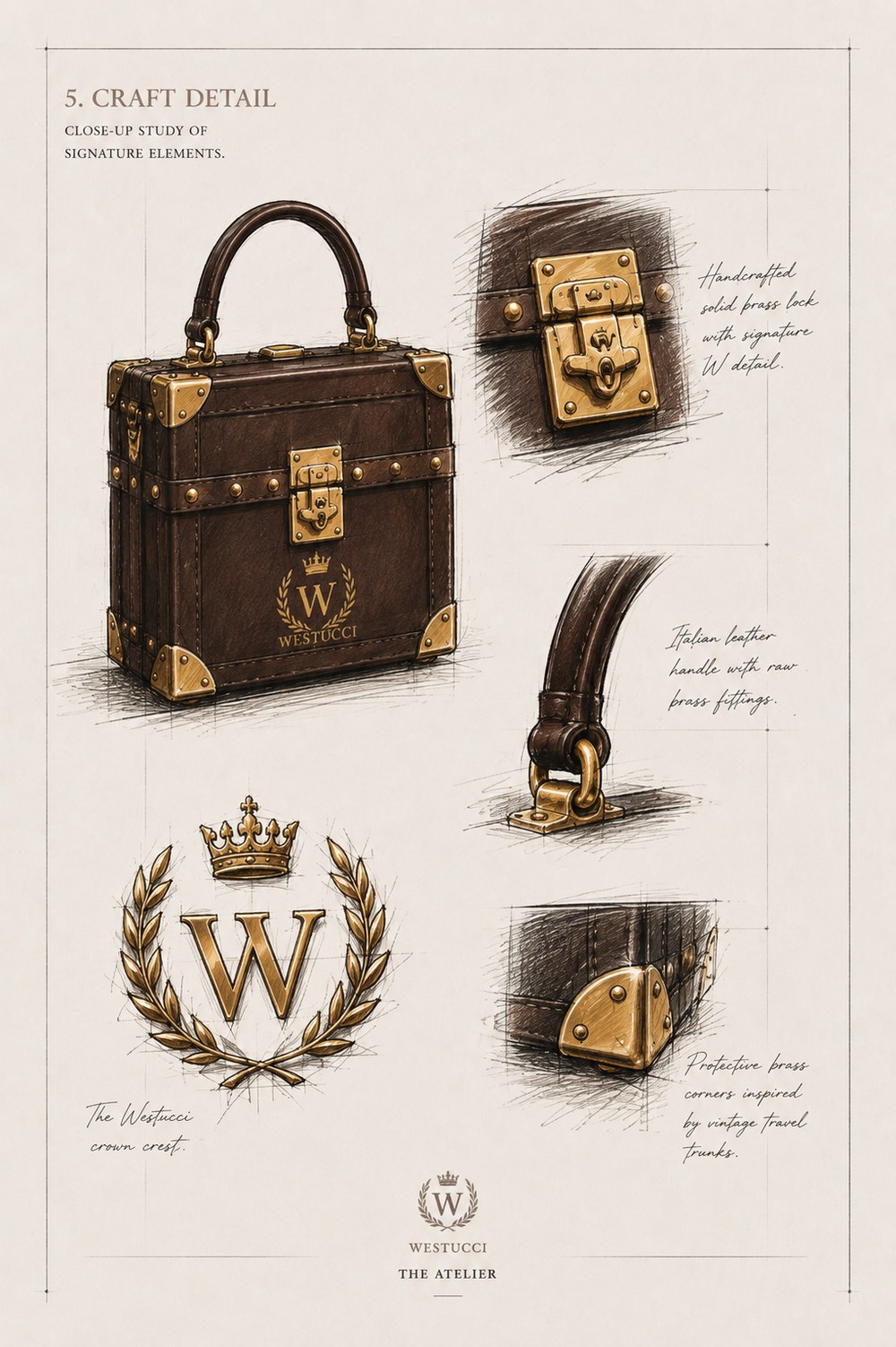 Craft Detail: close studies of the Bellissima trunk bag - the handcrafted solid brass lock with the signature W, the Italian leather handle with raw brass fittings, the protective brass corners inspired by vintage travel trunks, and the Westucci crown crest in gold