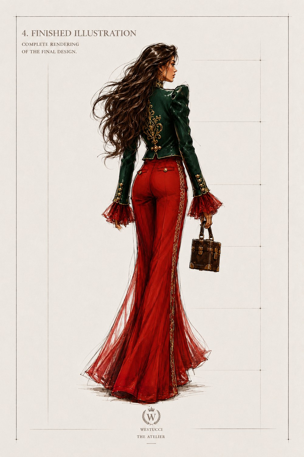 Finished Illustration, back: the same rendering from behind, showing the gold cording down the spine of the jacket and the trunk carried at the side