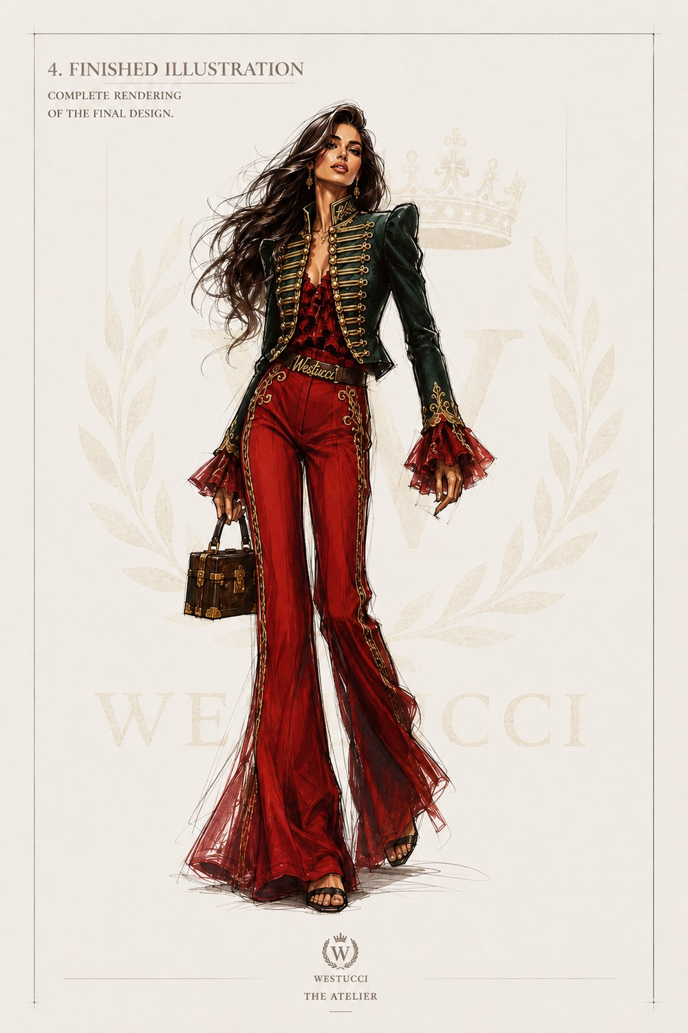 Finished Illustration, front: the complete rendering of Look Two in colour, the green jacket worn open over red lace with gold braid and buttons, red trousers trimmed in gold to the hem, black sandals, and the Bellissima trunk in brown leather