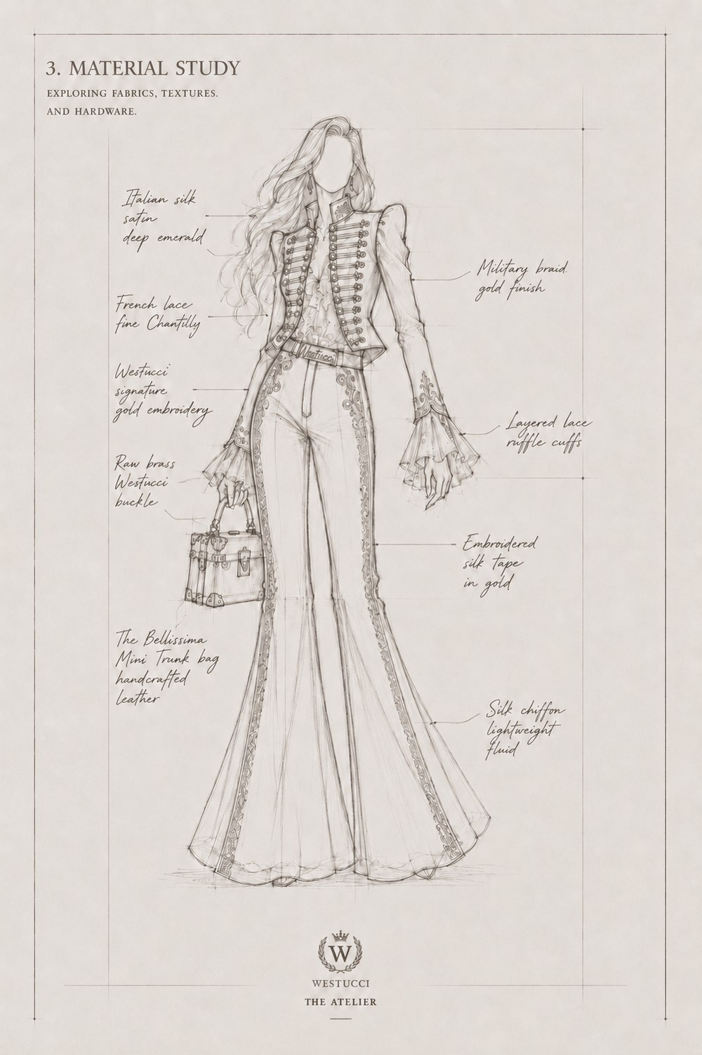 Material Study: the figure annotated with the fabrics and hardware chosen for Look Two - Italian silk satin in deep emerald, French Chantilly lace, gold military braid, a raw brass Westucci buckle, layered lace ruffle cuffs, embroidered silk tape in gold, lightweight silk chiffon, and the Bellissima Mini Trunk in handcrafted leather