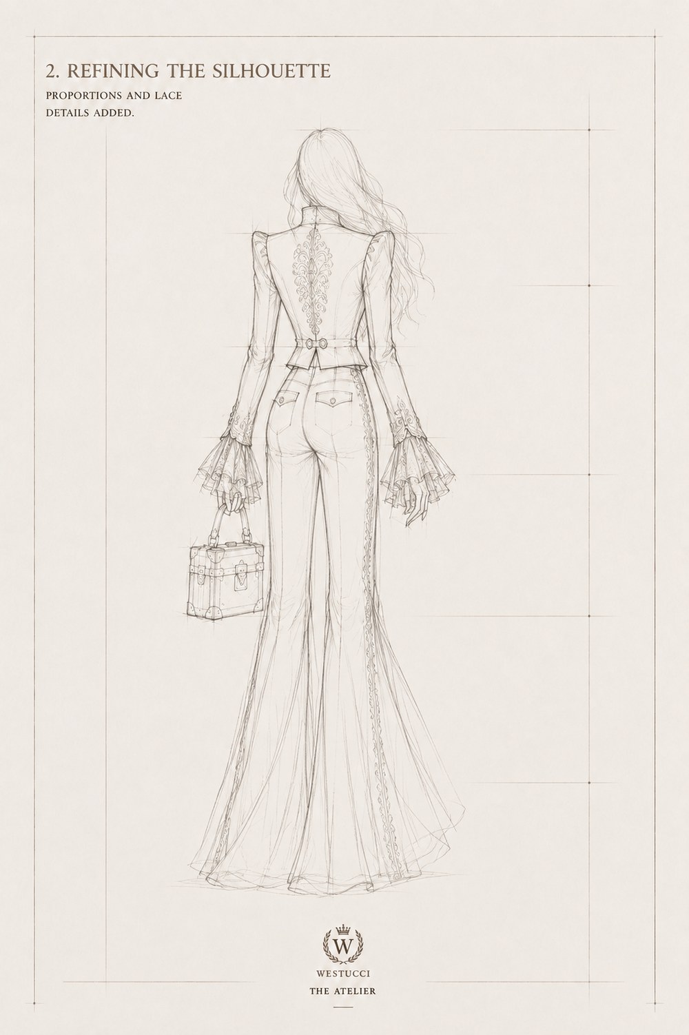 Refining the Silhouette, back: a gold embroidery motif added down the spine of the jacket, with the same gold trim continuing down the outer trouser leg to the hem