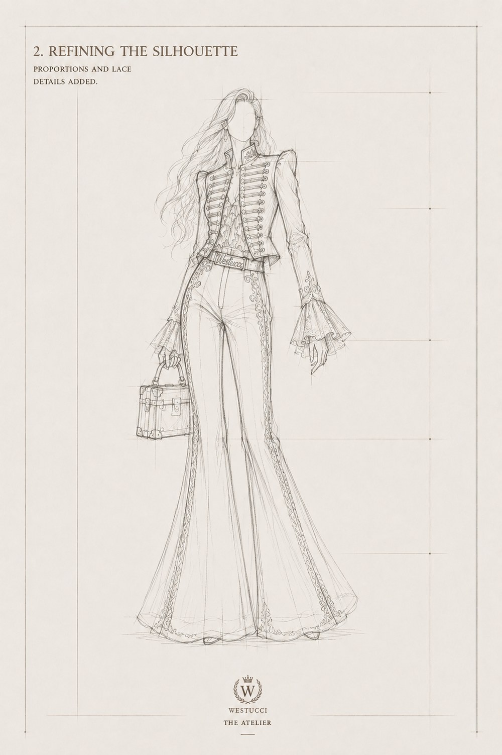Refining the Silhouette, front: proportions tightened and lace added beneath the jacket, with the Westucci belt at the waist and gold trim traced down the outer seam of each trouser leg