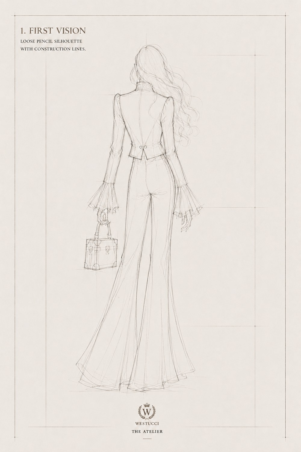 First Vision, back: the same pencil silhouette from behind, showing the waist seam of the jacket and the flared trouser falling to the floor