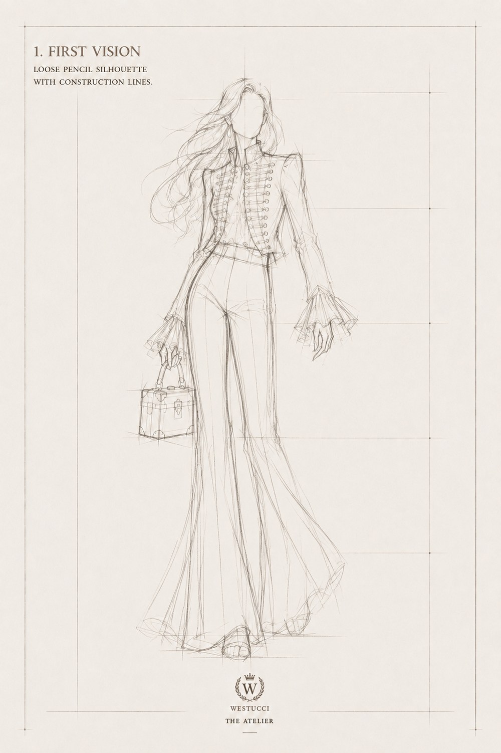First Vision, front: a loose pencil silhouette of Look Two with construction lines, the hussar jacket roughed in with domed buttons and looped braid, ruffled cuffs, flared trousers and the Bellissima trunk bag at the side