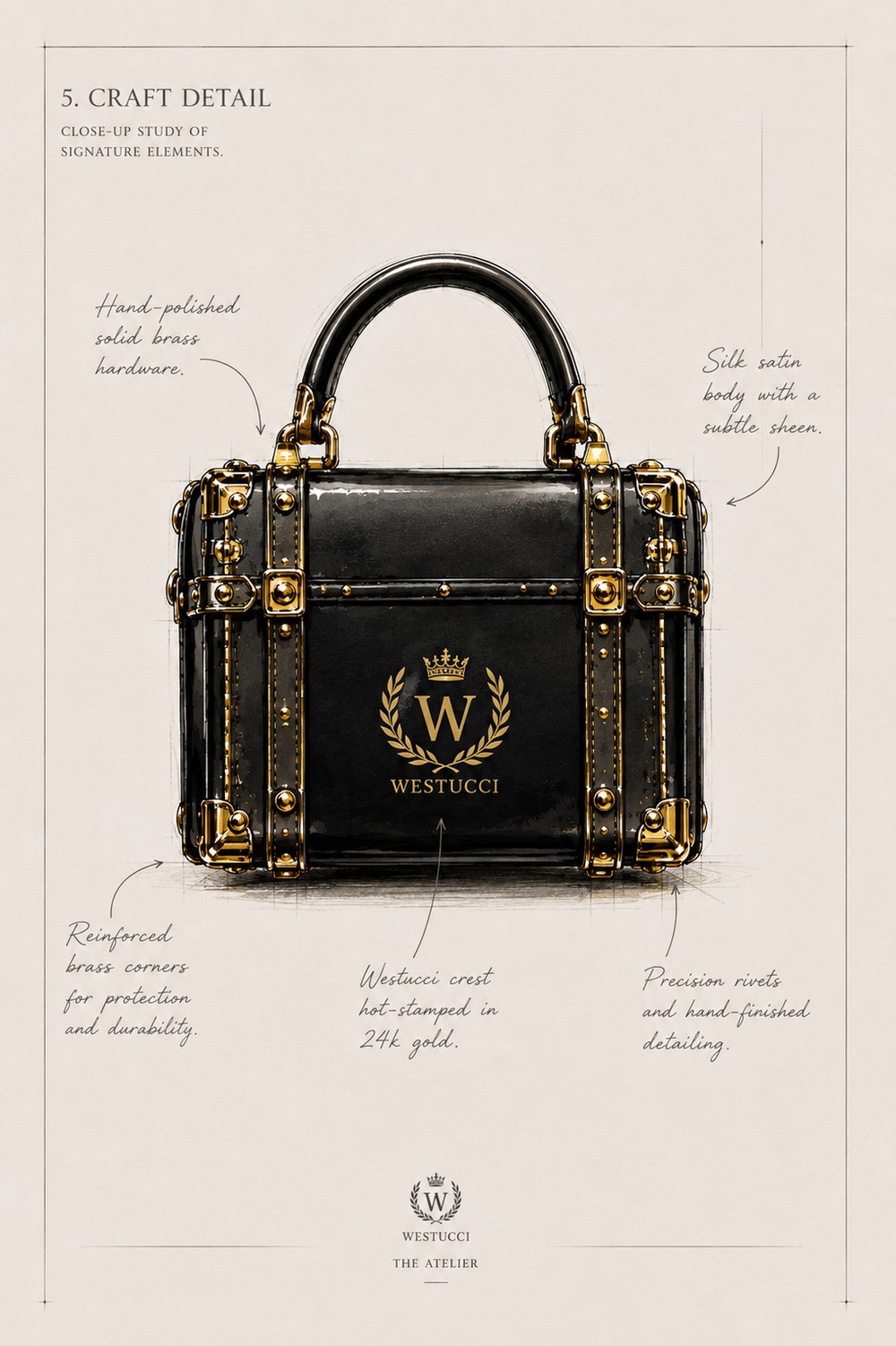 Craft Detail: close studies of the black trunk bag - hand-polished solid brass hardware, a silk satin body with a subtle sheen, reinforced brass corners for protection and durability, the Westucci crest hot-stamped in 24 karat gold, and precision rivets with hand-finished detailing