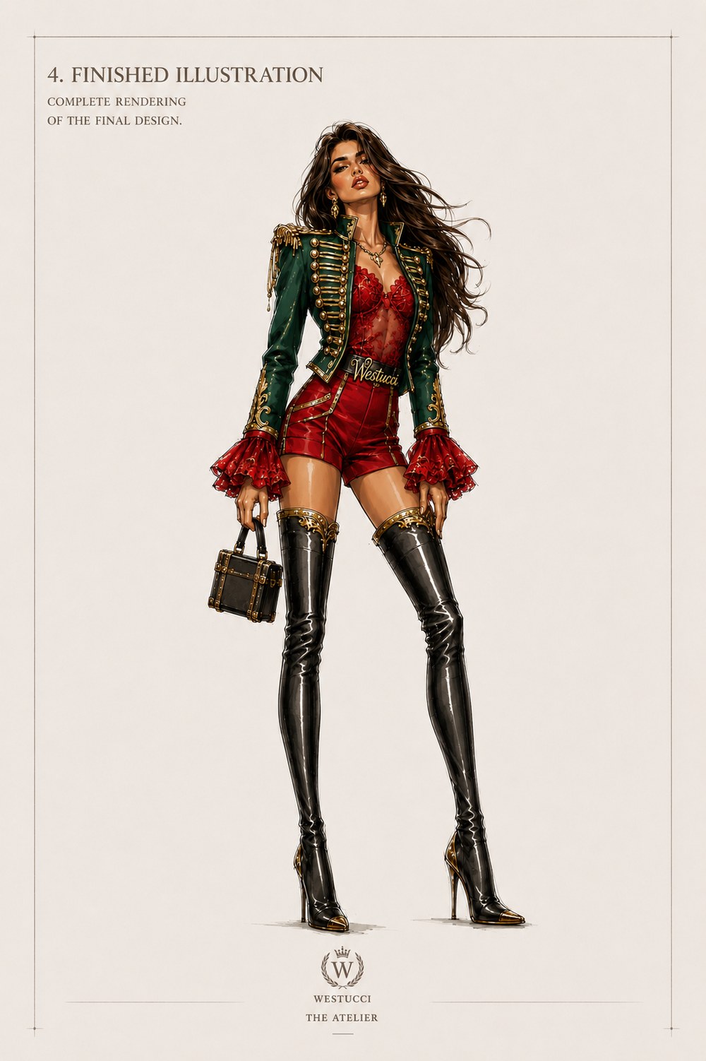 Finished Illustration, front: the complete rendering of Look Three in colour, a deep green jacket with gold fringed epaulettes worn open over a red lace bustier, red high-waisted shorts, red ruffled cuffs, black patent thigh-high boots banded in gold, and a black trunk bag with gold hardware