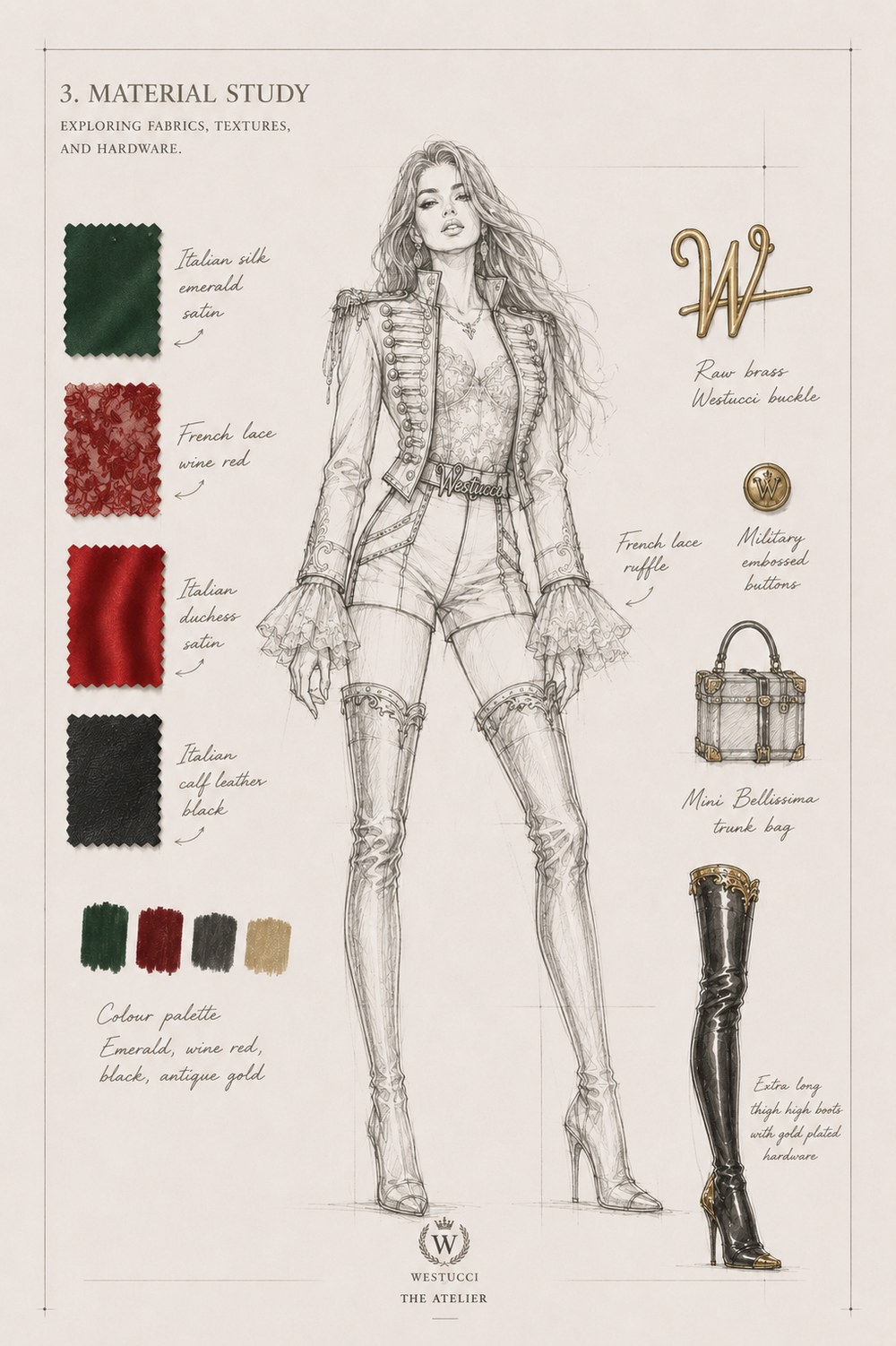 Material Study: the figure annotated with the fabrics, palette and hardware chosen for Look Three - Italian silk in emerald satin, French lace in wine red, Italian duchess satin in red, Italian calf leather in black, a colour palette of emerald, wine red, black and antique gold, a raw brass Westucci buckle, military embossed buttons, the Mini Bellissima trunk bag, and extra-long thigh-high boots with gold-plated hardware