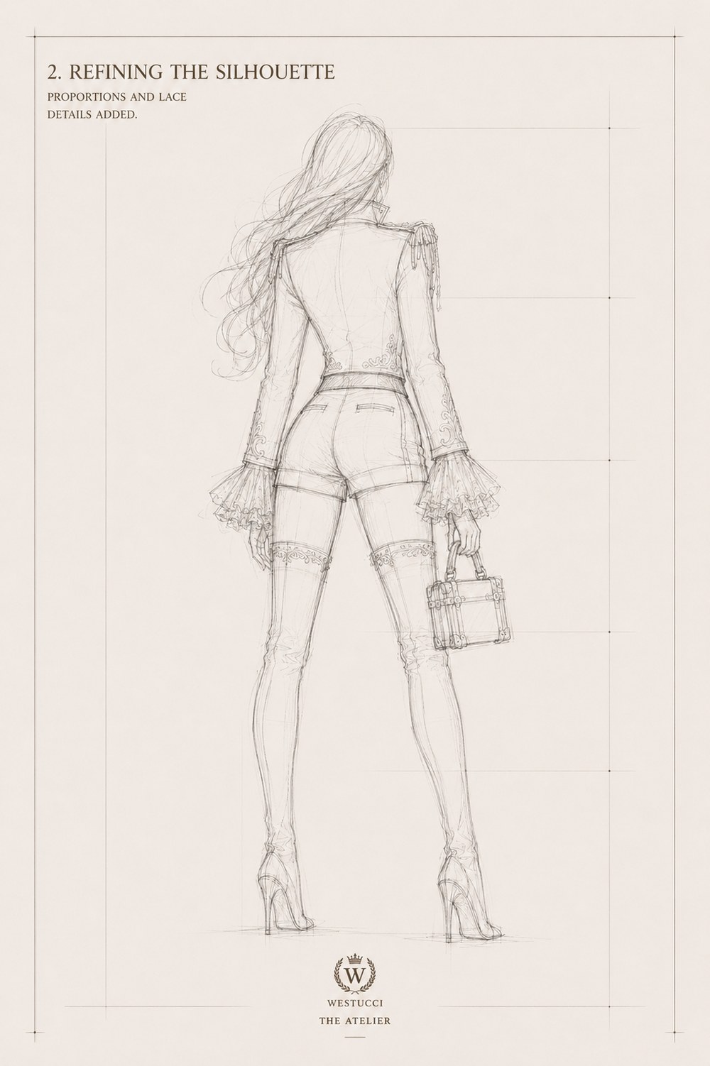 Refining the Silhouette, back: the fringed epaulette at the shoulder and a scroll embroidery motif added to the back of the jacket, pocket detail on the shorts, the same ruffled cuffs, boots and trunk bag