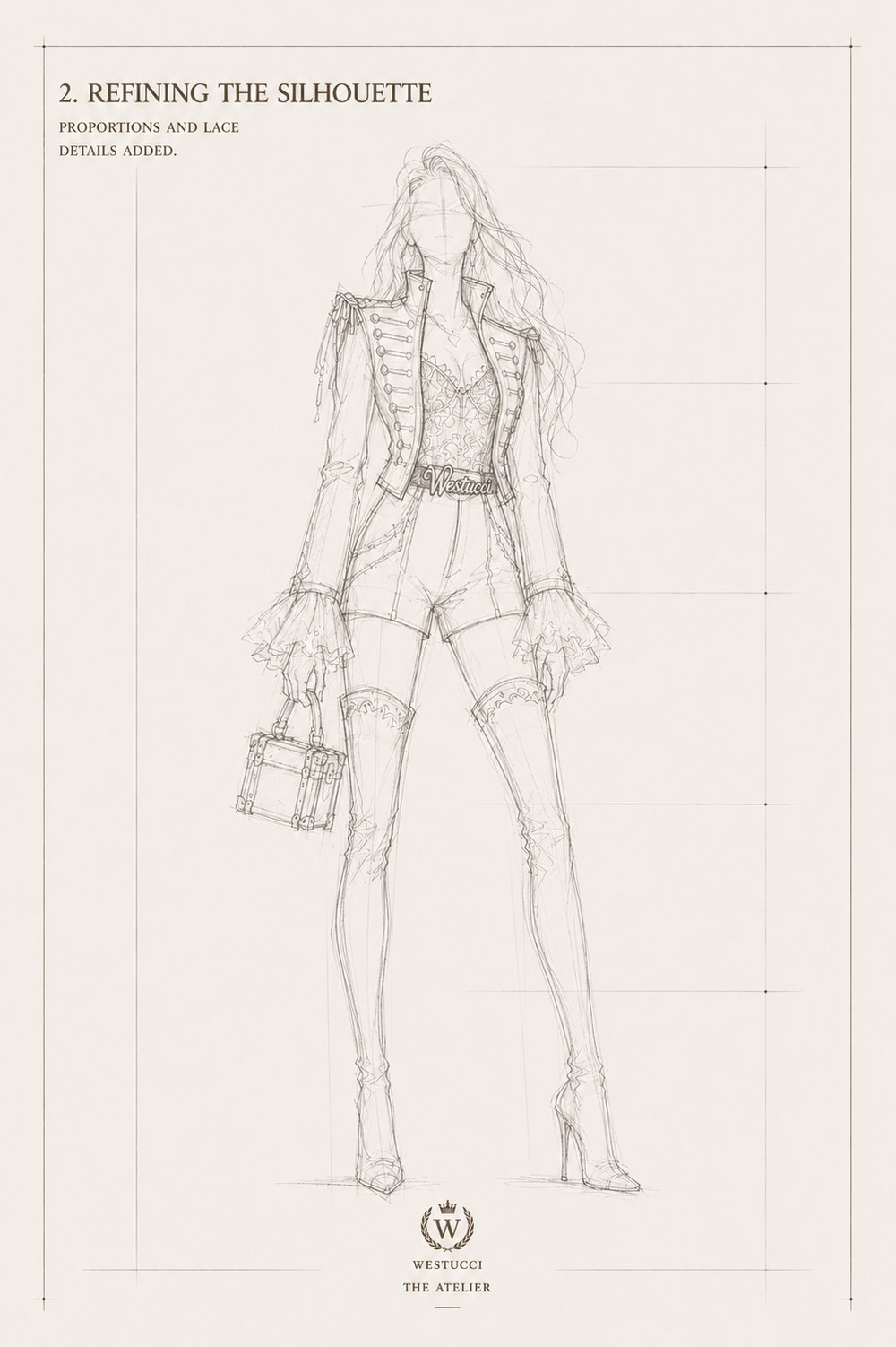 Refining the Silhouette, front: the hussar frogging added with domed buttons, a fringed epaulette at the shoulder, a lace corset visible beneath the jacket, the Westucci belt named at the waist, ruffled lace cuffs, banded thigh-high boots and a trunk bag held at the side