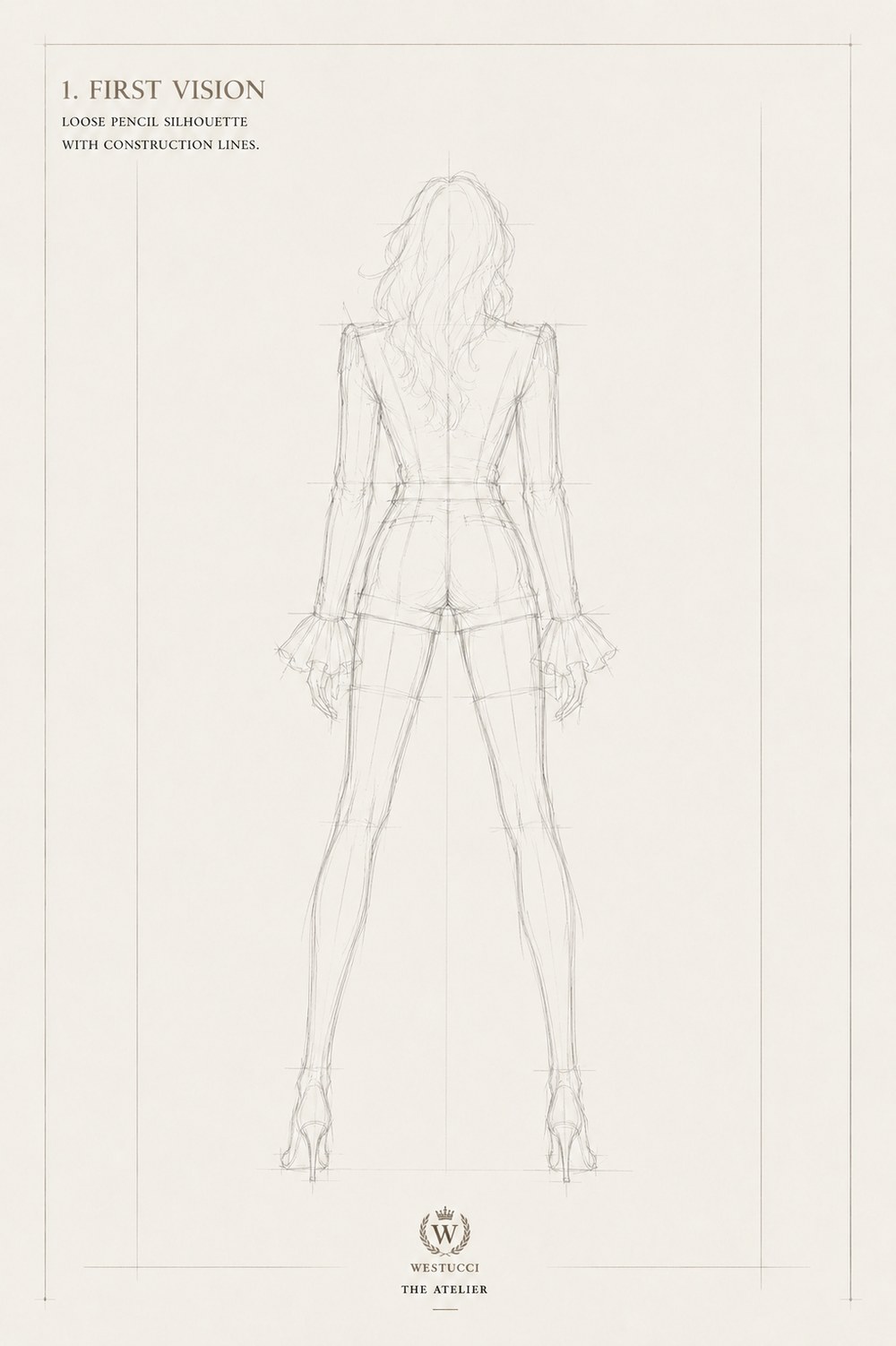 First Vision, back: the same pencil silhouette from behind, the jacket and shorts still plain, the same ruffled cuffs and thigh-high boots