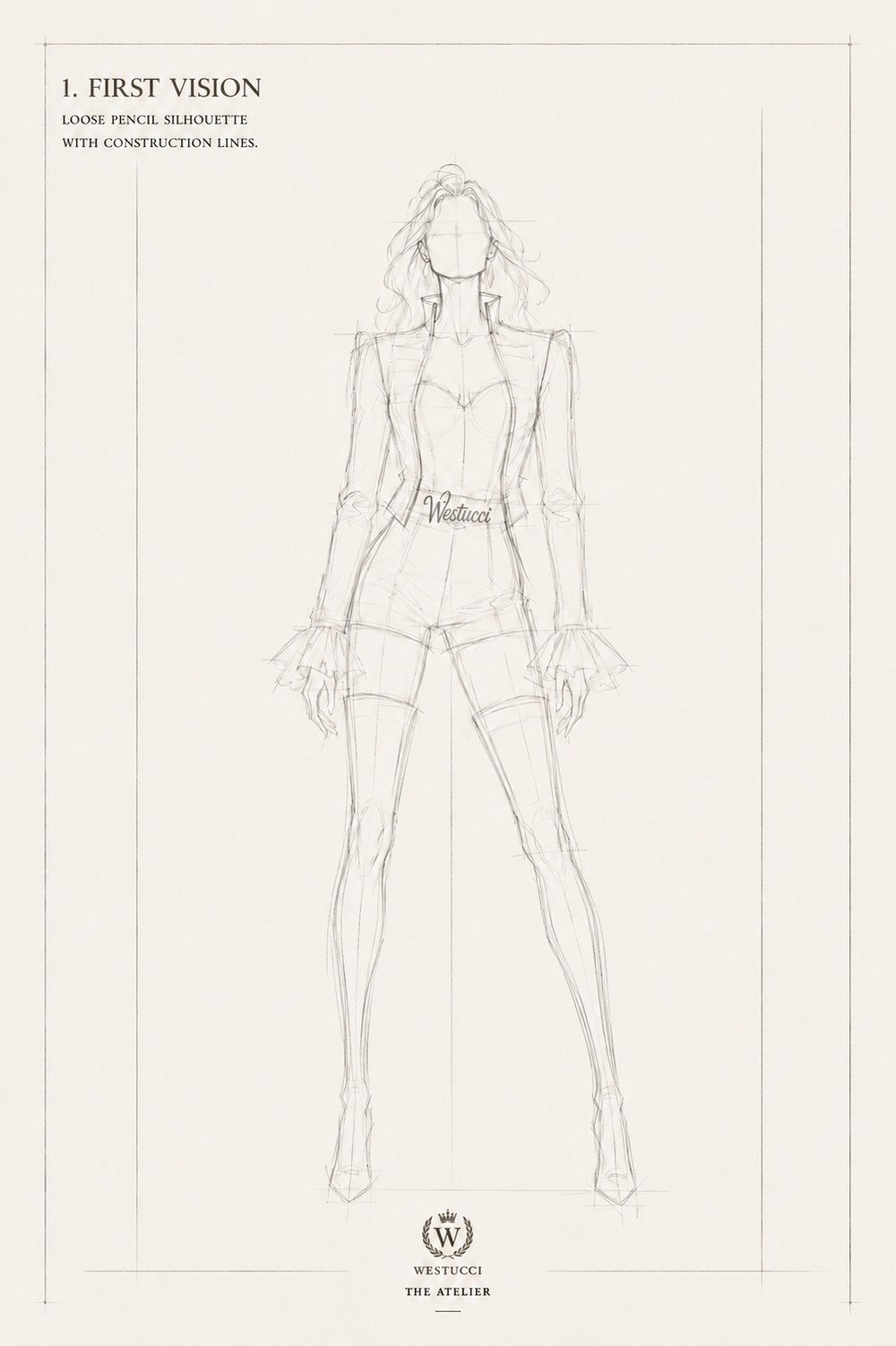 First Vision, front: a loose pencil silhouette of Look Three with construction lines, a short structured jacket roughed in with no braid yet, a cropped bustier shape at the bodice, the Westucci belt at the waist, high-waisted shorts, ruffled cuffs, and thigh-high boots