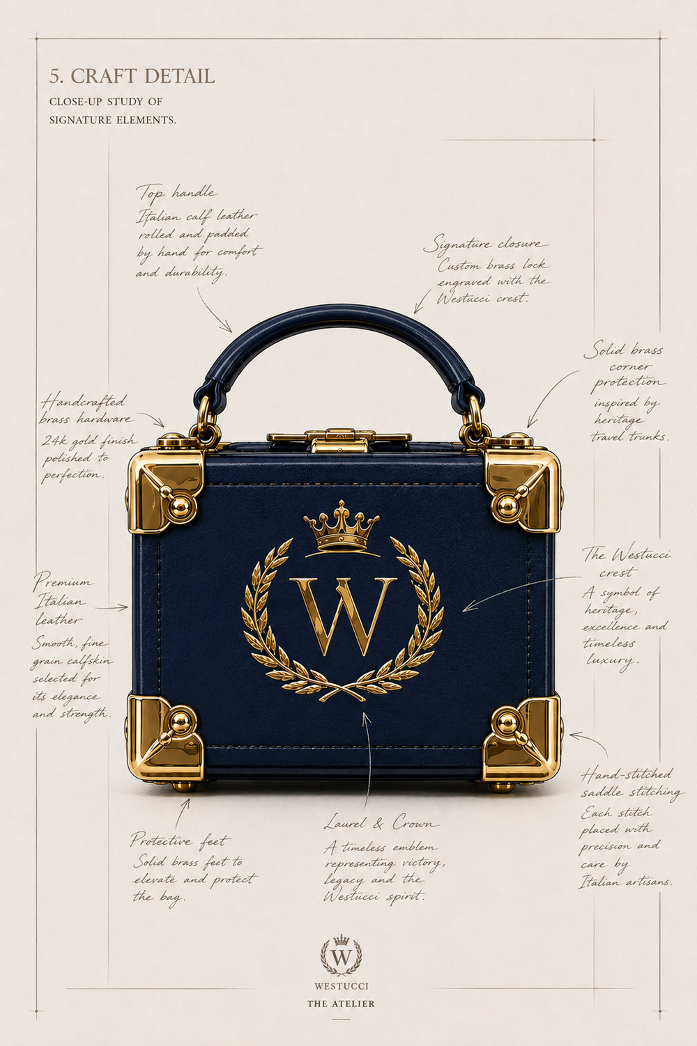 Craft Detail: a close study of the navy Westucci Mini Trunk annotated throughout - a top handle of Italian calf leather rolled and padded by hand, handcrafted brass hardware in a 24k gold finish, solid brass corner protection inspired by heritage travel trunks, a custom brass lock engraved with the Westucci crest, premium fine-grain Italian calfskin, hand-stitched saddle stitching placed by Italian artisans, solid brass protective feet, and the gold laurel and crown crest centred on the face