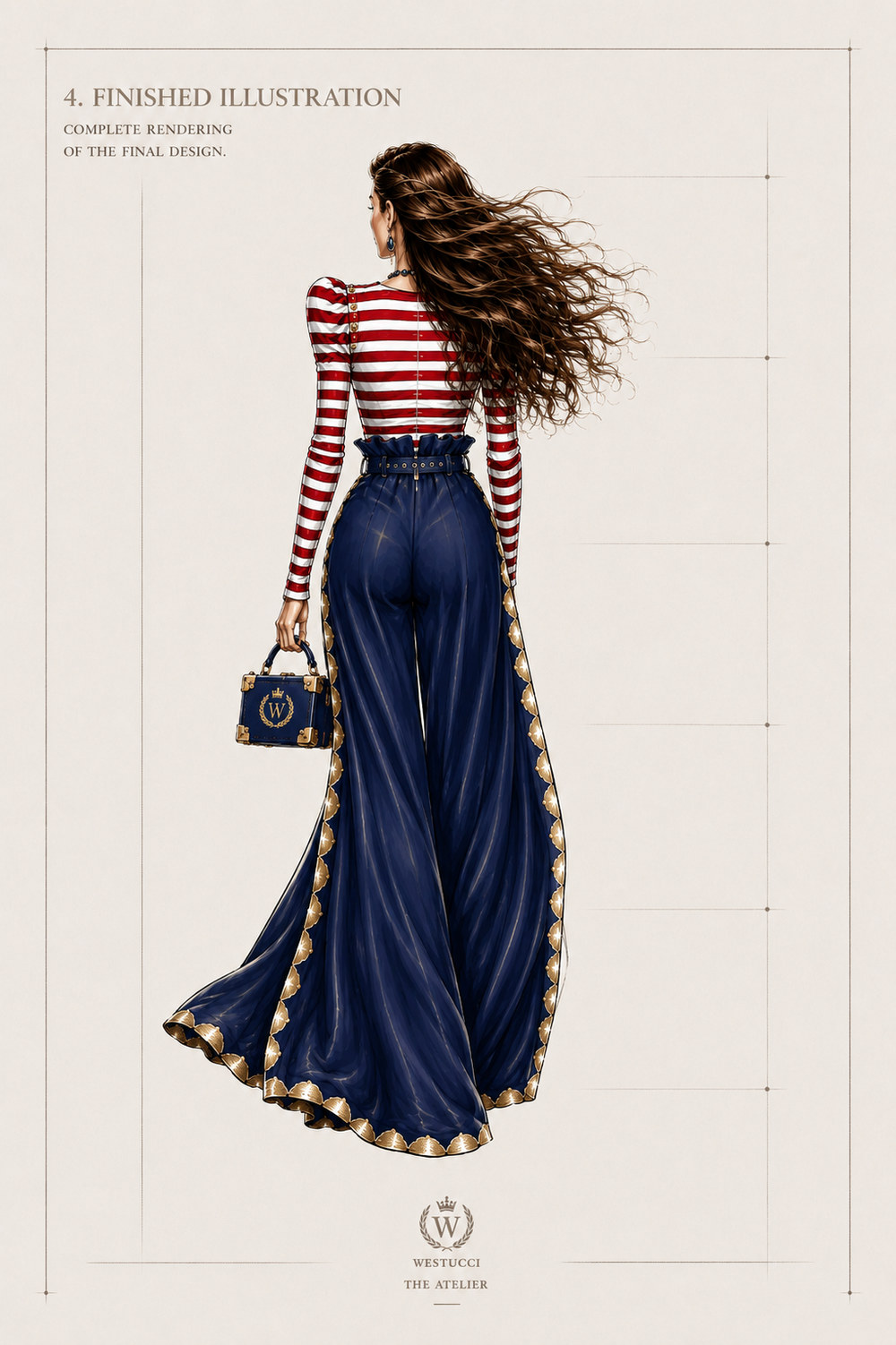 Finished Illustration, back: the same rendering from behind, the striped bodice buttoned at the nape, the belted ruffle waist in navy, and the scalloped gold trim running the full length of the trouser to a wide sweeping hem, with the trunk bag carried at the side