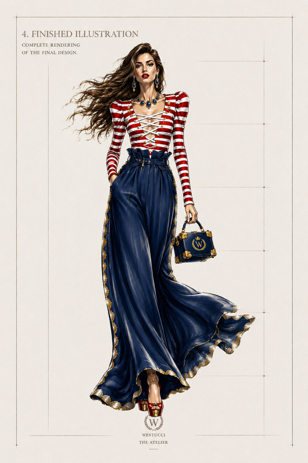 Finished Illustration, front: the complete rendering of La Belle Marine Look One in colour, a red and ivory striped bodice laced in white through gold eyelets with puffed shoulders, sapphire and gold jewellery, a belted midnight navy trouser with scalloped gold down the outer seam and around the hem, red and gold sandals, and the navy trunk bag with gold corners and crest