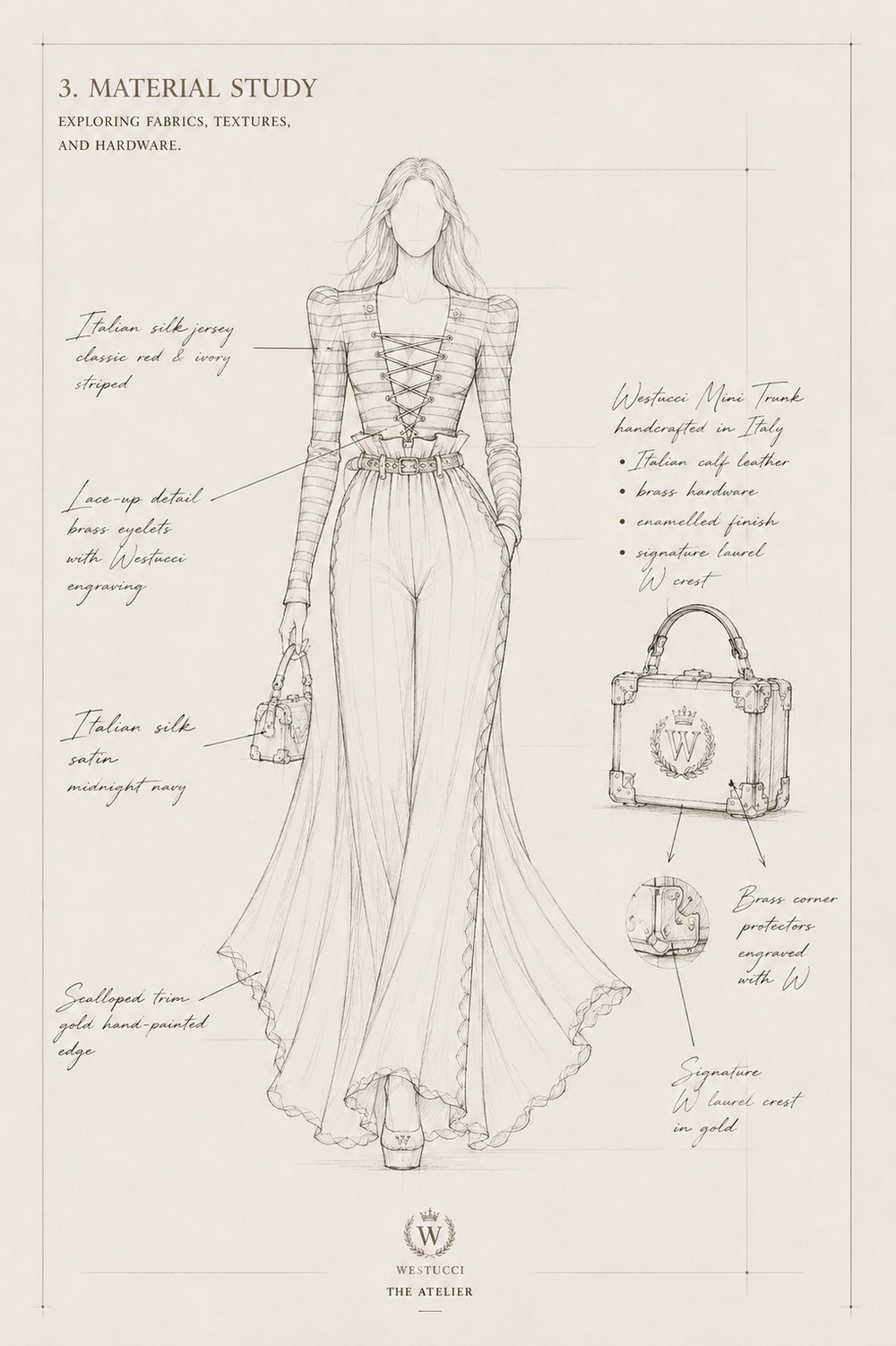 Material Study: the figure annotated with the materials chosen for La Belle Marine Look One - Italian silk jersey in a classic red and ivory stripe, Italian silk satin in midnight navy, a lace-up detail on brass eyelets engraved with Westucci, and a scalloped trim with a gold hand-painted edge. The Westucci Mini Trunk is drawn separately beside the figure, handcrafted in Italy in Italian calf leather with brass hardware, an enamelled finish and the signature laurel W crest, with the engraved brass corner protectors and the gold crest enlarged in their own studies