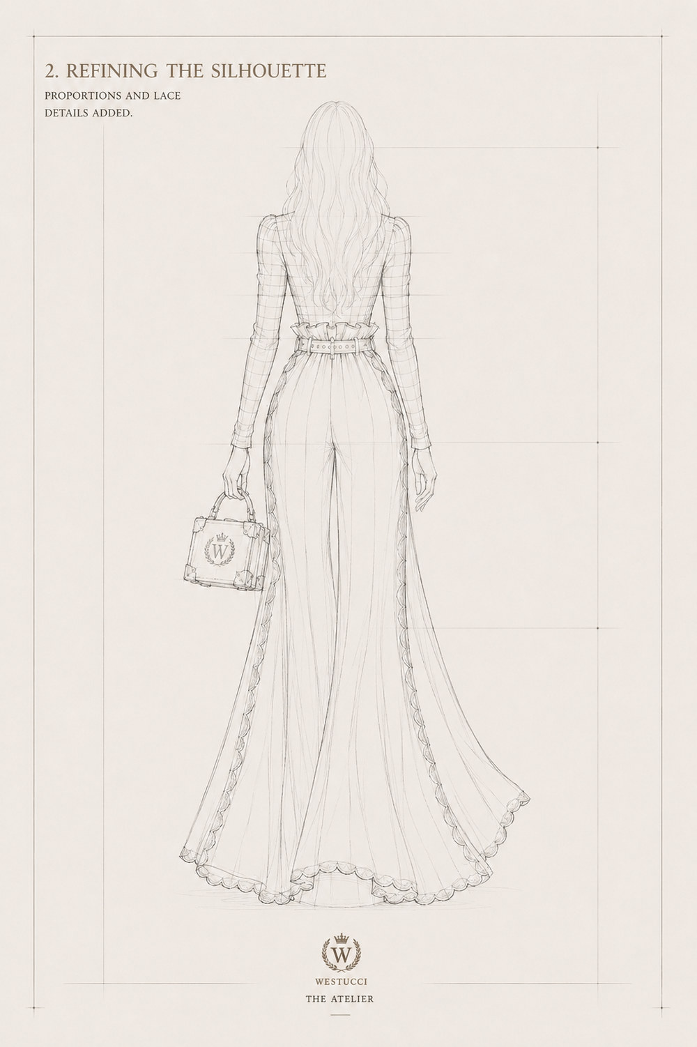 Refining the Silhouette, back: the striped bodice refined across the back, the belted ruffle waist detailed, and the scalloped trim running the full length of the outer seam to the floor