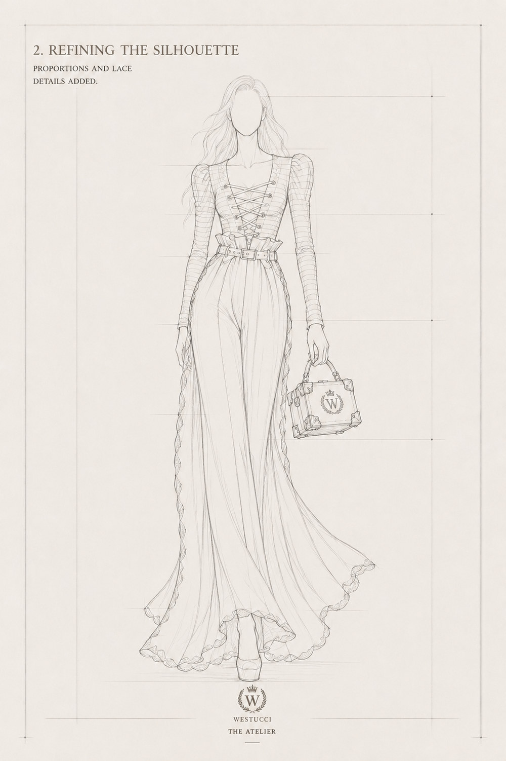 Refining the Silhouette, front: the lace-up front drawn properly through its eyelets, the belt given its buckle and punched holes, and a scalloped edge traced down the outer seam and around the hem
