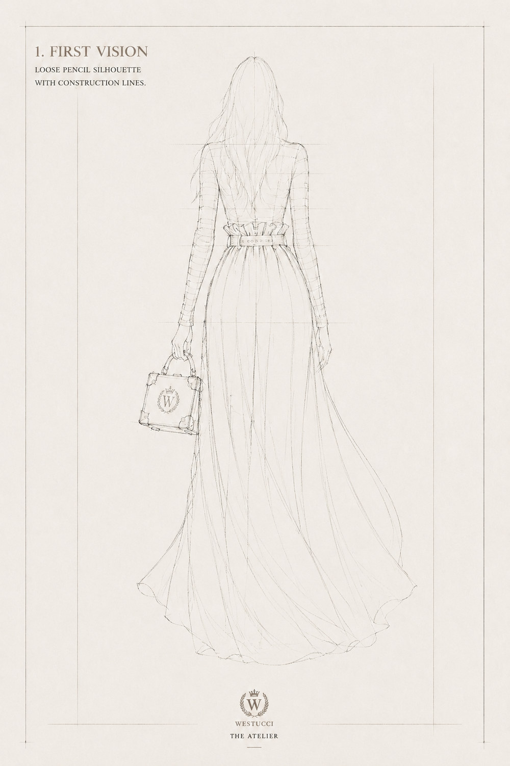 First Vision, back: the same pencil silhouette from behind, the striped bodice plain across the back, the belted ruffled waist gathered above wide trousers that fall to a full hem, and the trunk bag held at the side