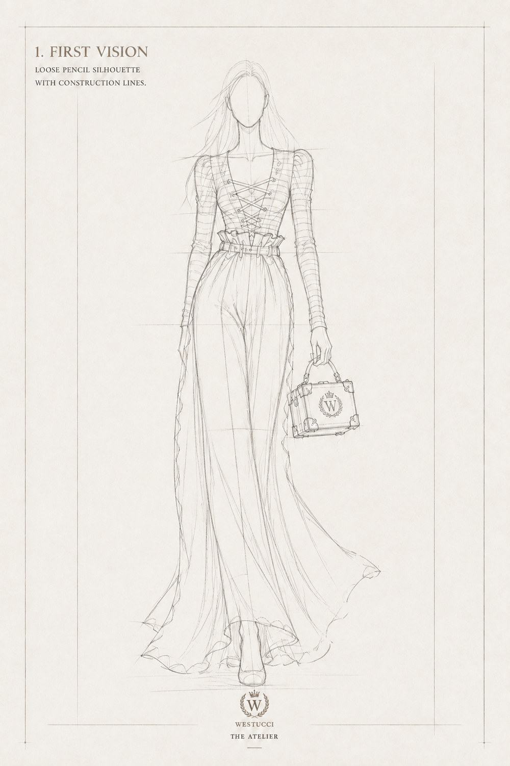 First Vision, front: a loose pencil silhouette of La Belle Marine Look One with construction lines, a striped bodice roughed in with a lace-up front and puffed shoulders, a high ruffled waist with a belt, wide trousers opening into a floor-length sweep, and a trunk bag with its crest held at the side