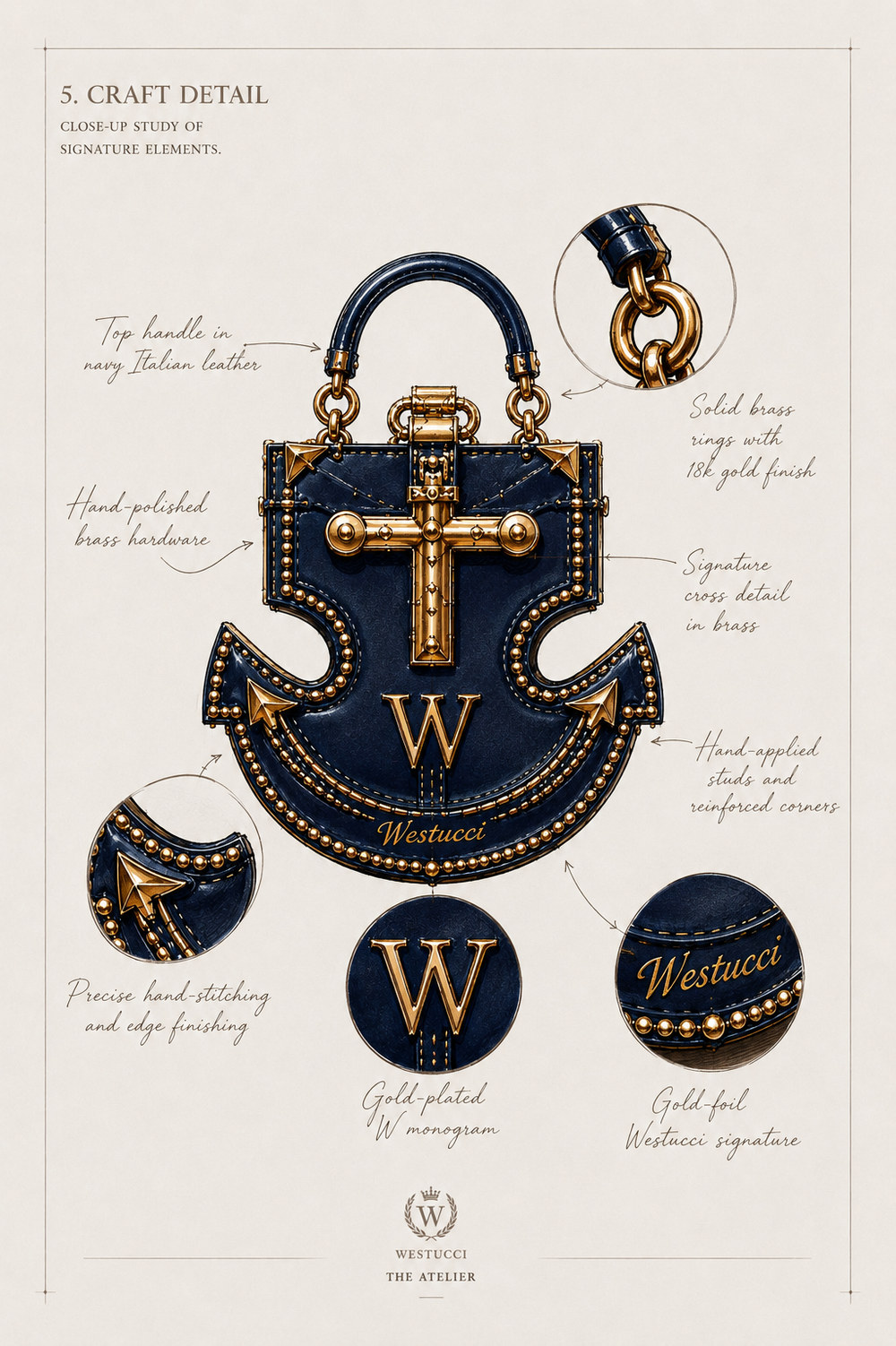 Craft Detail: a close study of the navy anchor bag annotated throughout - a top handle in navy Italian leather, solid brass rings with an 18k gold finish, hand-polished brass hardware, the signature cross detail in brass at the crown, and hand-applied studs with reinforced corners following the anchor line. Three details are enlarged in their own circles: the precise hand-stitching and edge finishing, the gold-plated W monogram, and the gold-foil Westucci signature