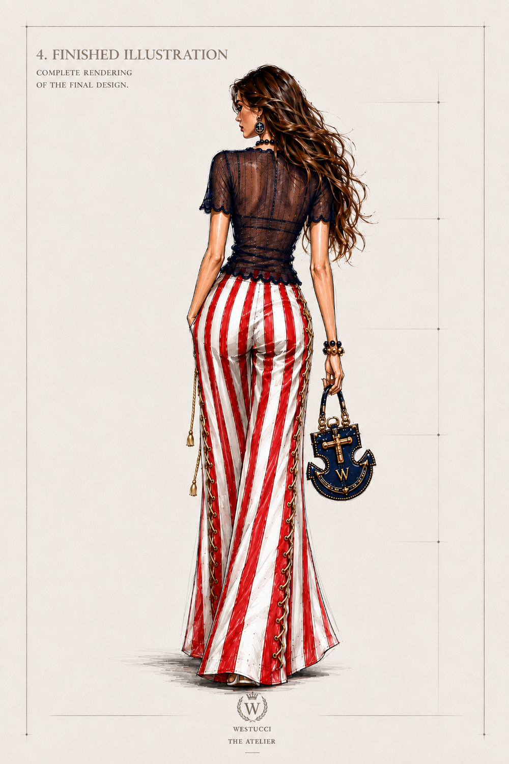 Finished Illustration, back: the same rendering from behind, the sheer navy lace top scalloped at sleeve and hem, and the red and ivory striped trouser laced in gold down both outer seams with tassels hanging clear, the anchor bag carried at the side