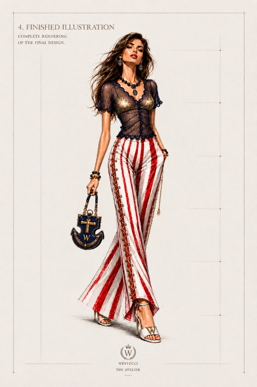 Finished Illustration, front: the complete rendering of La Belle Marine Look Two in colour, sheer navy lace scalloped at every edge over gold beneath, anchor earrings and a navy bead necklace, wide red and ivory vertically striped trousers laced with gold cord through eyelets with tassels hanging free, white sandals carrying the W, and the navy and gold anchor bag held in the hand