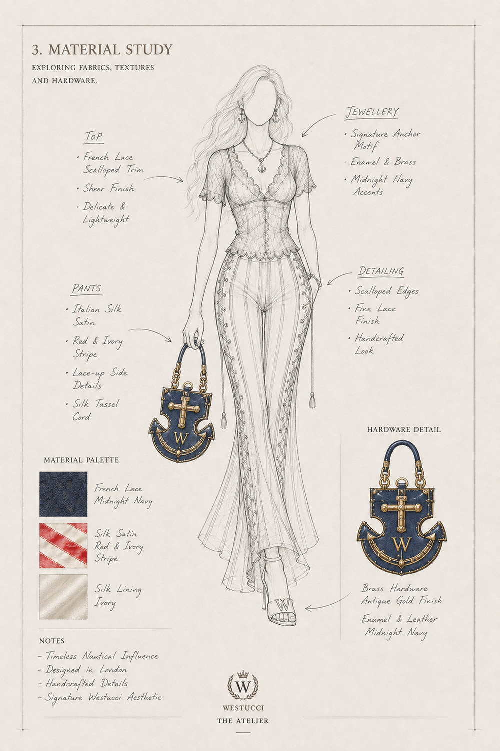 Material Study: the materials for La Belle Marine Look Two grouped by garment. The top is French lace with a scalloped trim, sheer, delicate and lightweight. The trousers are Italian silk satin in a red and ivory stripe with lace-up side details and a silk tassel cord. The jewellery carries the signature anchor motif in enamel and brass with midnight navy accents, and the detailing is scalloped edges, a fine lace finish and a handcrafted look. Three material swatches are set out - French lace in midnight navy, silk satin in red and ivory stripe, and ivory silk lining - with the anchor bag drawn again as a hardware study in brass with an antique gold finish over enamel and midnight navy leather, and notes reading timeless nautical influence, designed in London, handcrafted details and signature Westucci aesthetic