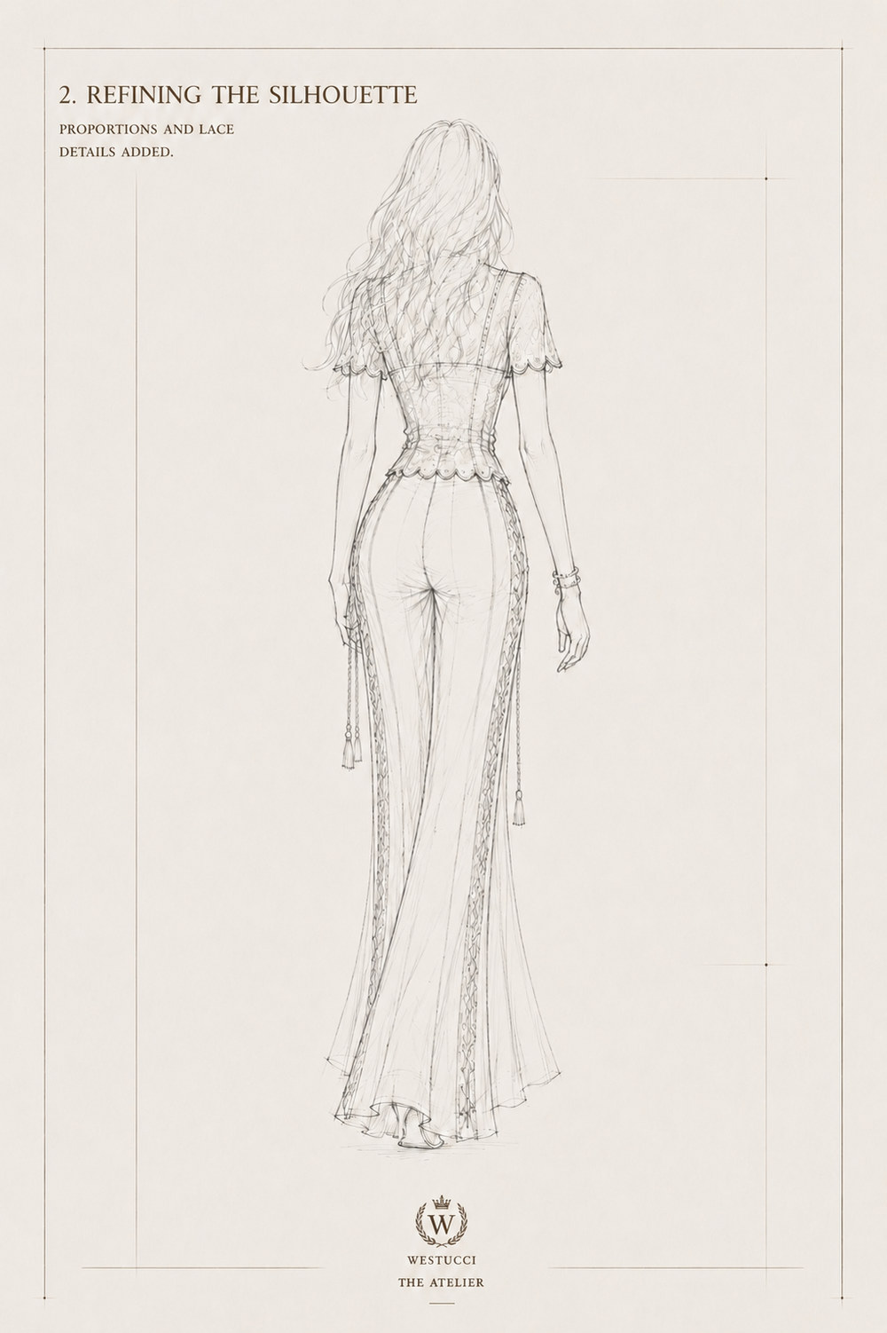 Refining the Silhouette, back: the scalloped top refined across the back over a laced bodice, and the lacing running down both outer seams of the flared trouser with tassels hanging clear of the hem