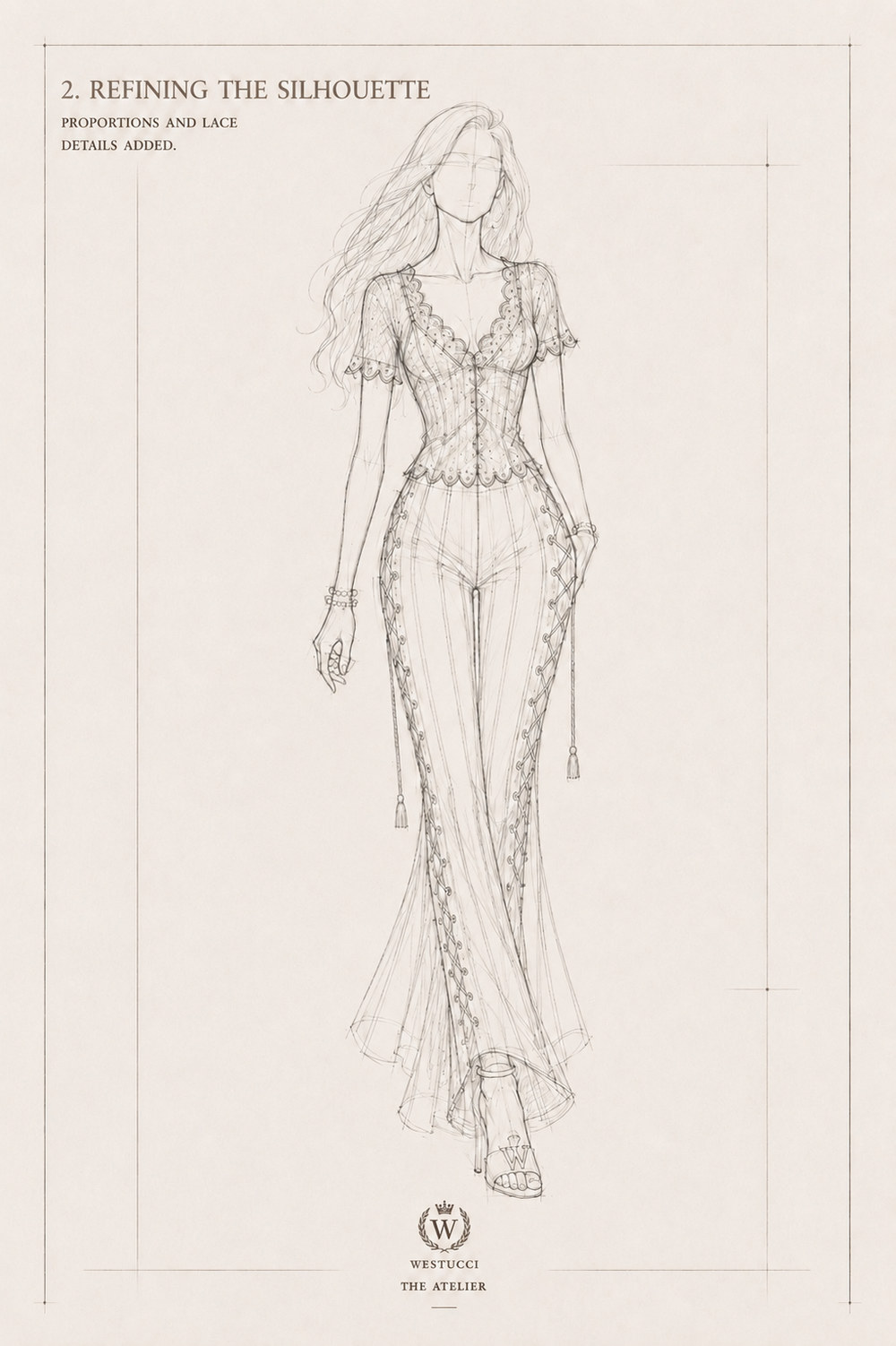 Refining the Silhouette, front: the lacing drawn through its eyelets down both outer seams from hip to hem with tassels hanging free, the top edged in scallops at neck, sleeve and hem, the bodice buttoned down the centre front, and a W on the sandal