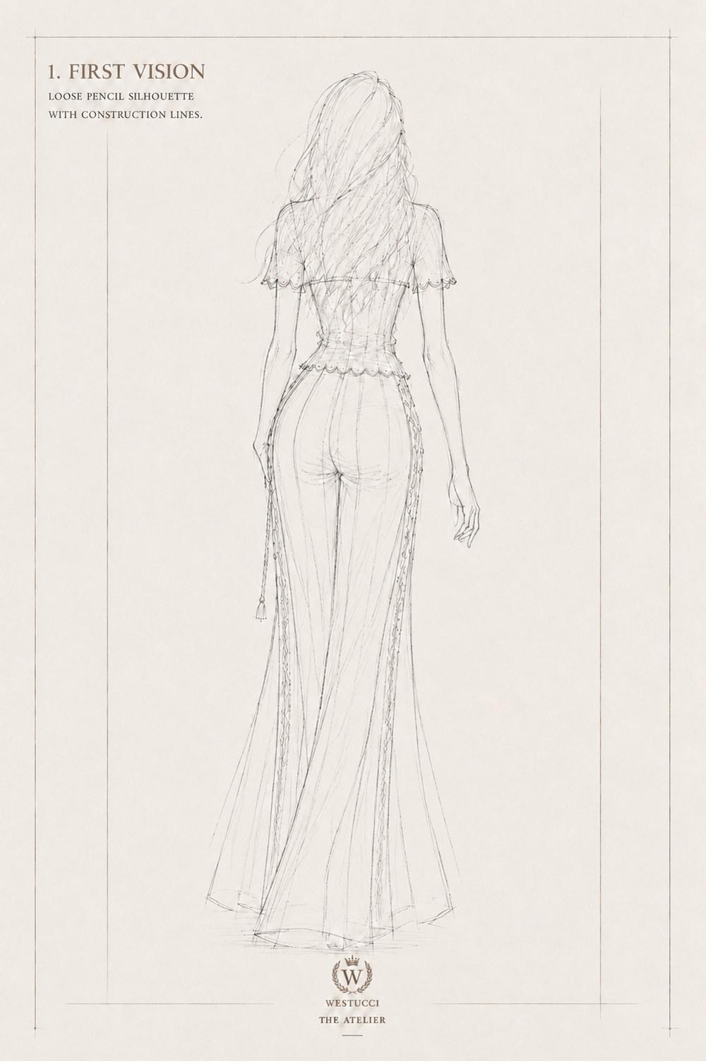 First Vision, back: the same pencil silhouette from behind, the scalloped sleeves and hem of the top indicated, and the lacing with its hanging tassel drawn down the outer seam of the flared trouser