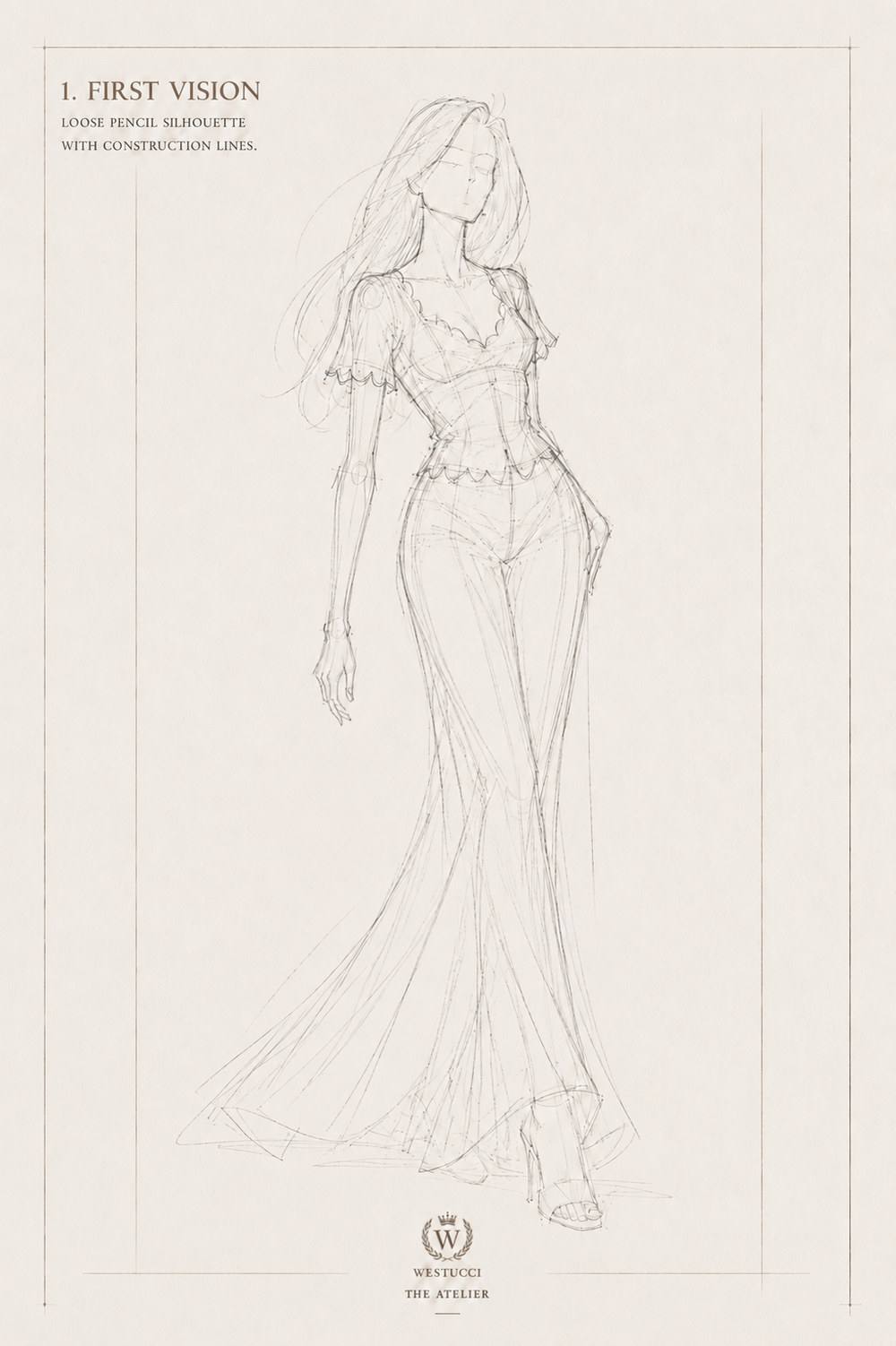 First Vision, front: a loose pencil silhouette of La Belle Marine Look Two with construction lines, a scalloped short-sleeved top roughed in over a fitted bodice, and a trouser drawn narrow at the hip opening into a long flared hem