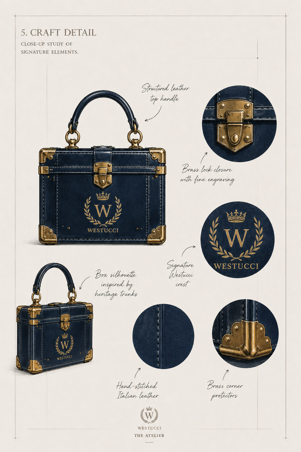 Craft Detail: the navy trunk bag drawn twice, face on and three-quarter, with four details enlarged around it - a structured leather top handle on brass rings, a brass lock closure with fine engraving, the signature Westucci crest in gold with the wordmark beneath, hand-stitched Italian leather shown as a single seam, and brass corner protectors. The box silhouette is noted as inspired by heritage trunks