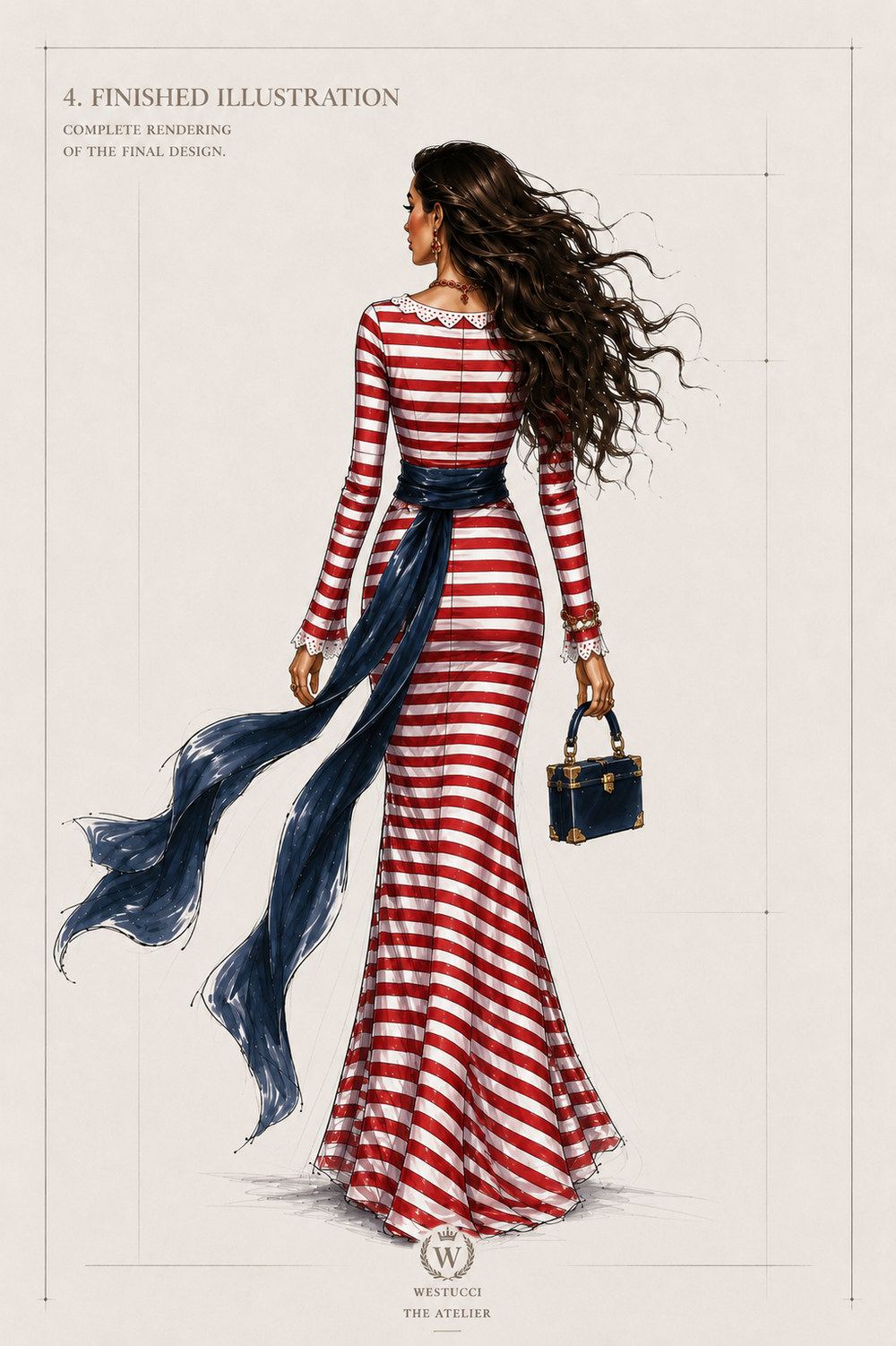 Finished Illustration, back: the same rendering from behind, a scalloped lace collar at the nape, the navy sash wrapped at the waist with its tails falling to one side, and the stripe shaping the gown to a full sweeping hem, with the trunk bag carried at the side