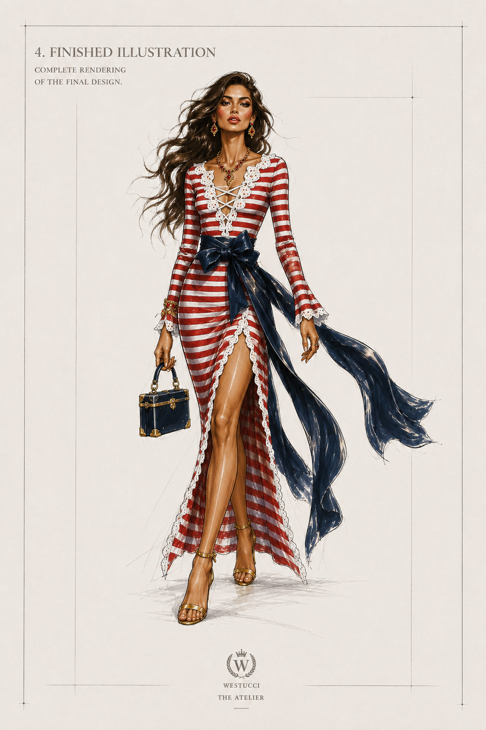 Finished Illustration, front: the complete rendering of La Belle Marine Look Three in colour, a red and ivory horizontally striped gown edged in ivory lace at the plunge, slit, cuffs and hem, laced in white across the chest, a navy organza sash tied at the waist with tails carrying out behind, ruby and gold jewellery, gold sandals, and the navy and gold trunk bag held in the hand