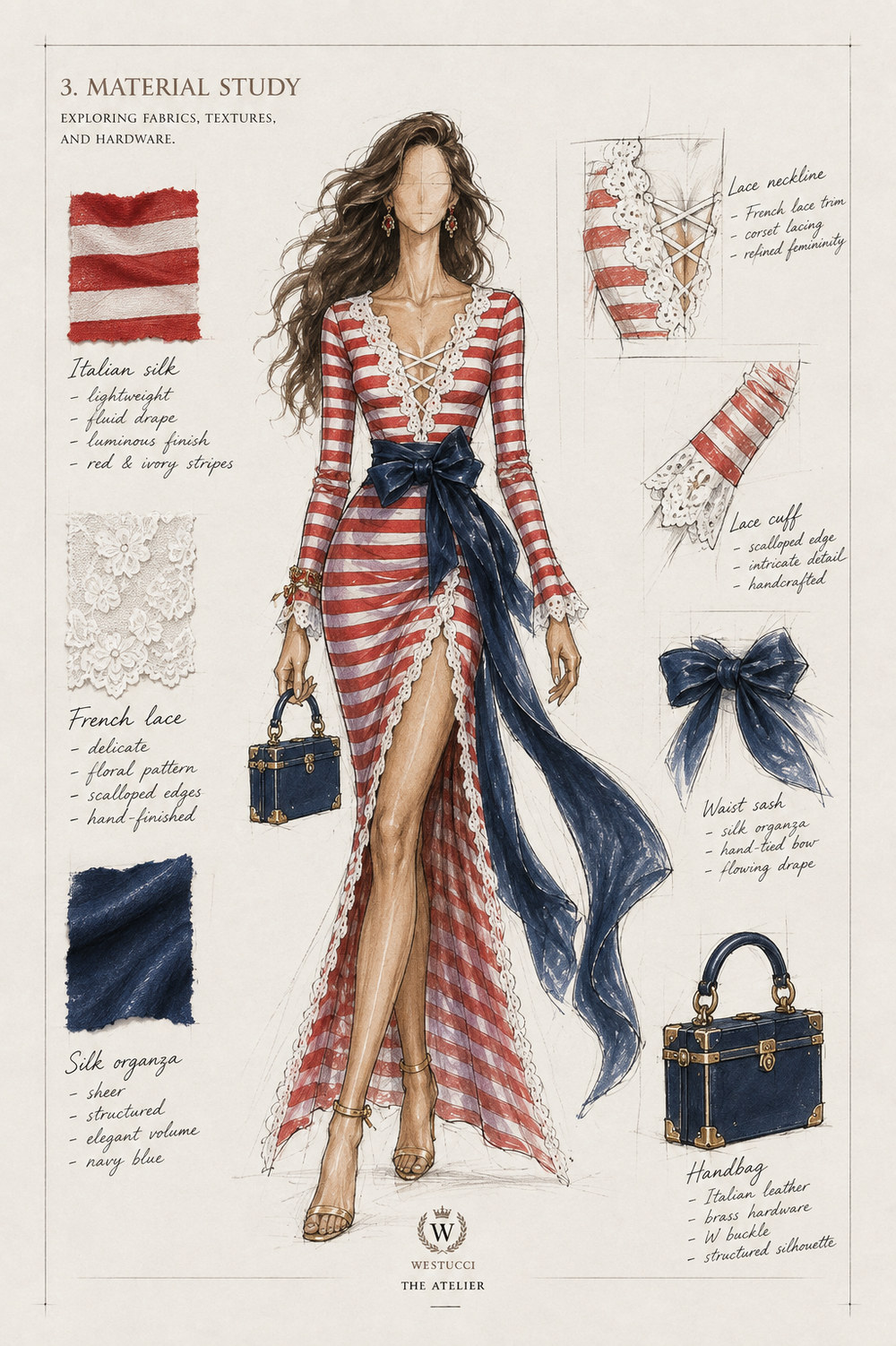Material Study: three painted fabric swatches with their properties written out - Italian silk, lightweight with a fluid drape and luminous finish in red and ivory stripes; French lace, delicate in a floral pattern with scalloped edges and hand-finished; and silk organza, sheer and structured for elegant volume in navy blue. Five construction details are drawn separately beside the figure: the lace neckline with French lace trim, corset lacing and refined femininity; the lace cuff with a scalloped edge and intricate handcrafted detail; the waist sash in silk organza, hand-tied with a flowing drape; and the handbag in Italian leather with brass hardware, a W buckle and a structured silhouette