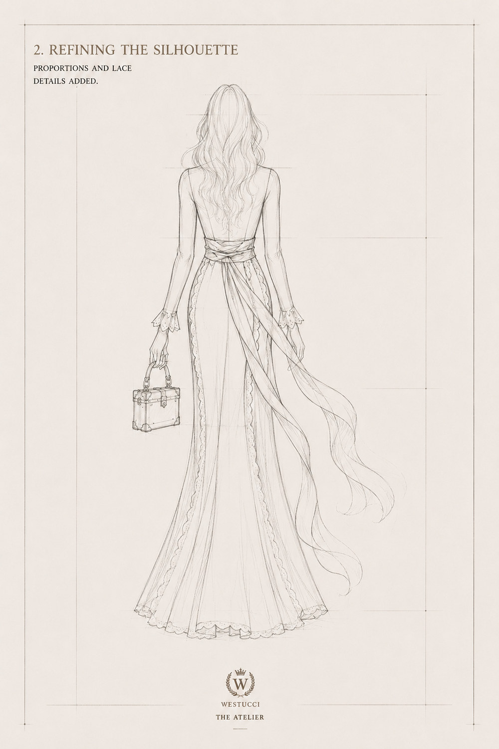 Refining the Silhouette, back: the wrapped sash refined at the waist with its tails falling to one side, and scalloped lace carried down the centre back and around the full hem of the gown