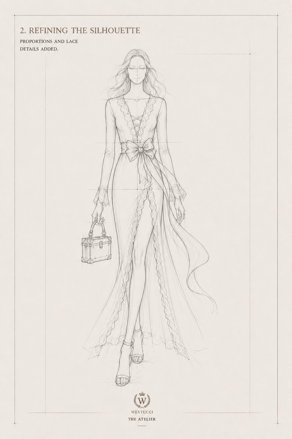 Refining the Silhouette, front: scalloped lace worked along the plunge, both edges of the slit, the cuffs and the hem, with the lacing drawn crossing the neckline and the sash bow tightened at the waist