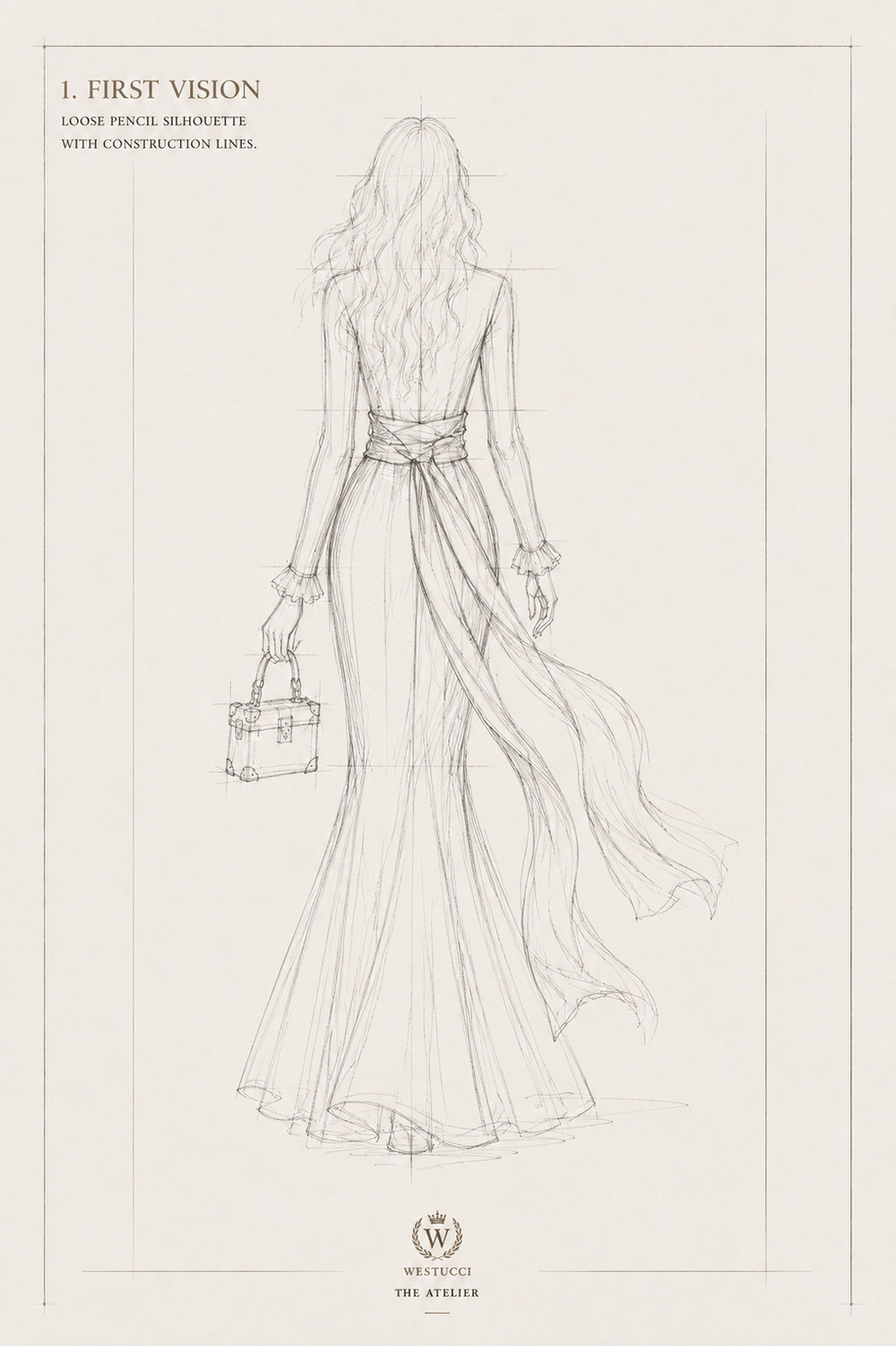 First Vision, back: the same pencil silhouette from behind, the back left open above the wrapped sash, the tails falling away to one side, the gown narrowing through the waist and opening to a full hem, and the trunk bag held at the side