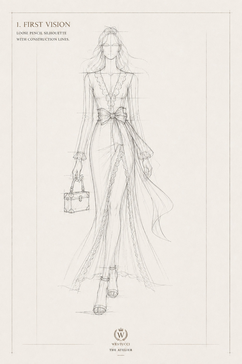 First Vision, front: a loose pencil silhouette of La Belle Marine Look Three with construction lines, a gown roughed in with a deep plunge edged in scalloped lace, a sash tied in a bow at the waist with tails flowing to one side, a slit traced up the front with lace along both edges, lace cuffs, and a trunk bag held at the side