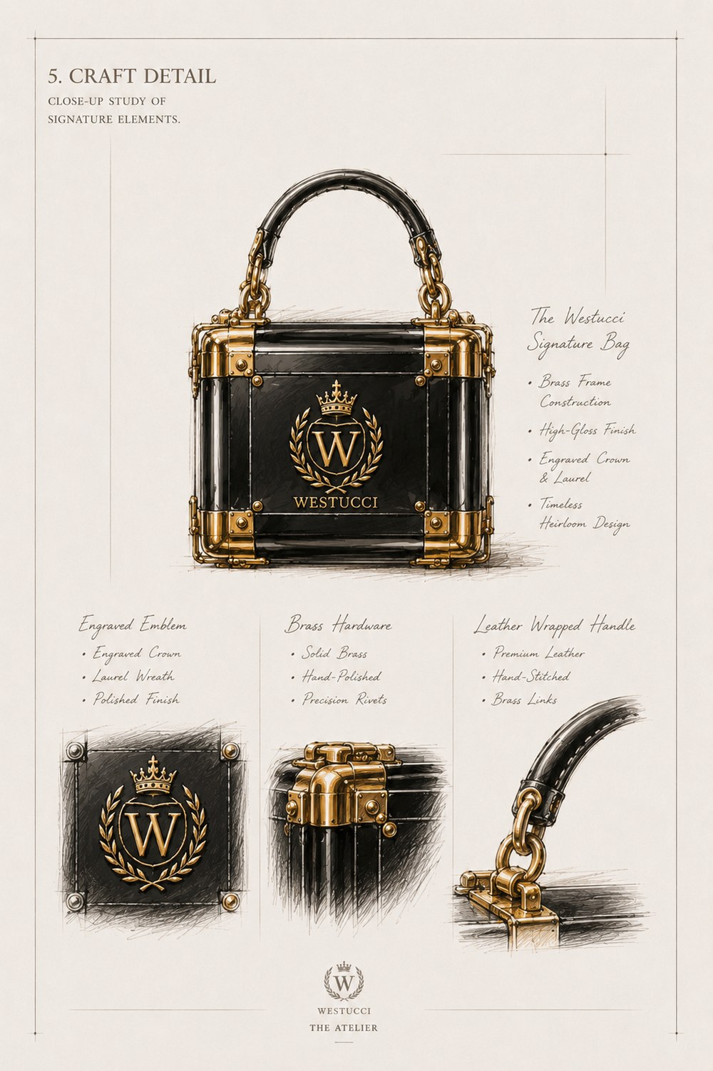 Craft Detail: close studies of the Maison Box Bag - a brass frame construction with a high-gloss finish, an engraved crown and laurel emblem in a polished finish, solid brass hardware hand-polished with precision rivets, and a leather-wrapped handle in premium hand-stitched leather with brass links