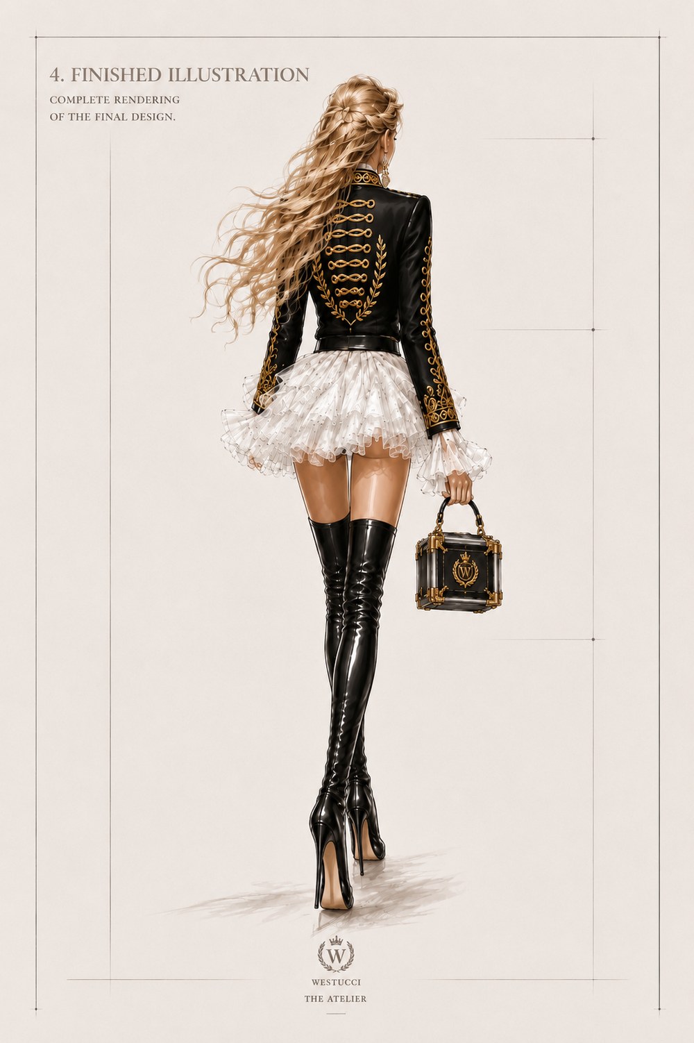 Finished Illustration, back: the same rendering from behind, gold embroidery and a laurel motif down the spine of the jacket, the hair swept into a plaited crown, the white tiered skirt and black thigh-high boots, the bag carried at the side
