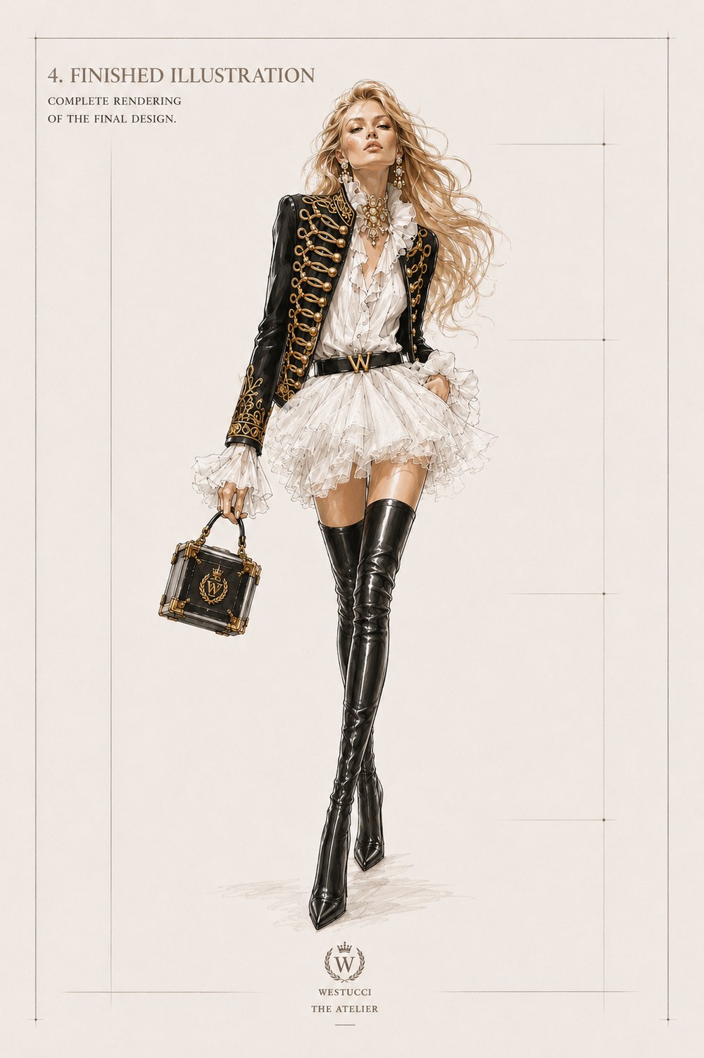 Finished Illustration, front: the complete rendering of Le Siecle d'Or Look One in colour, a black jacket with gold frogging and buttons worn over a white ruffled blouse, a black Westucci belt, a full white tiered skirt, black thigh-high boots, and the Maison Box Bag in black with gold hardware